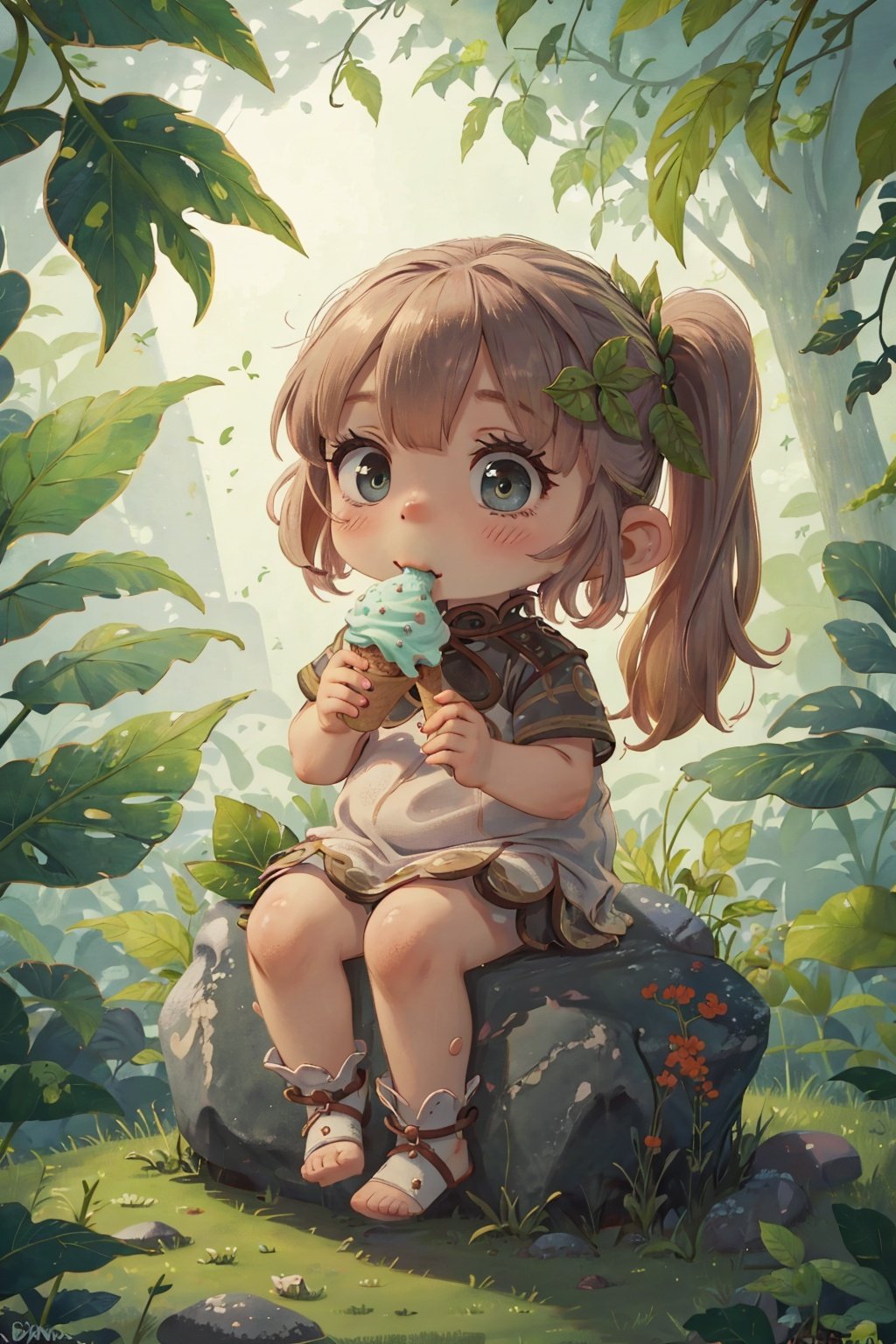 The image of the ancients in the Stone Age, the cute little baby, wearing clothes made of leaves, eating ice cream innocently, without confusion, showing the fun and cuteness relative to the background of the times.