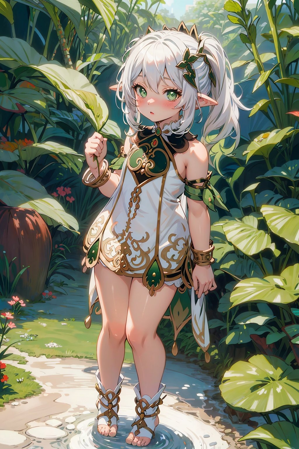 detailed illustration, kusanali,kid, white hair,white dress, green eyes,hair ornament, blush, full body, scenery, jungle ,32,高清, , 