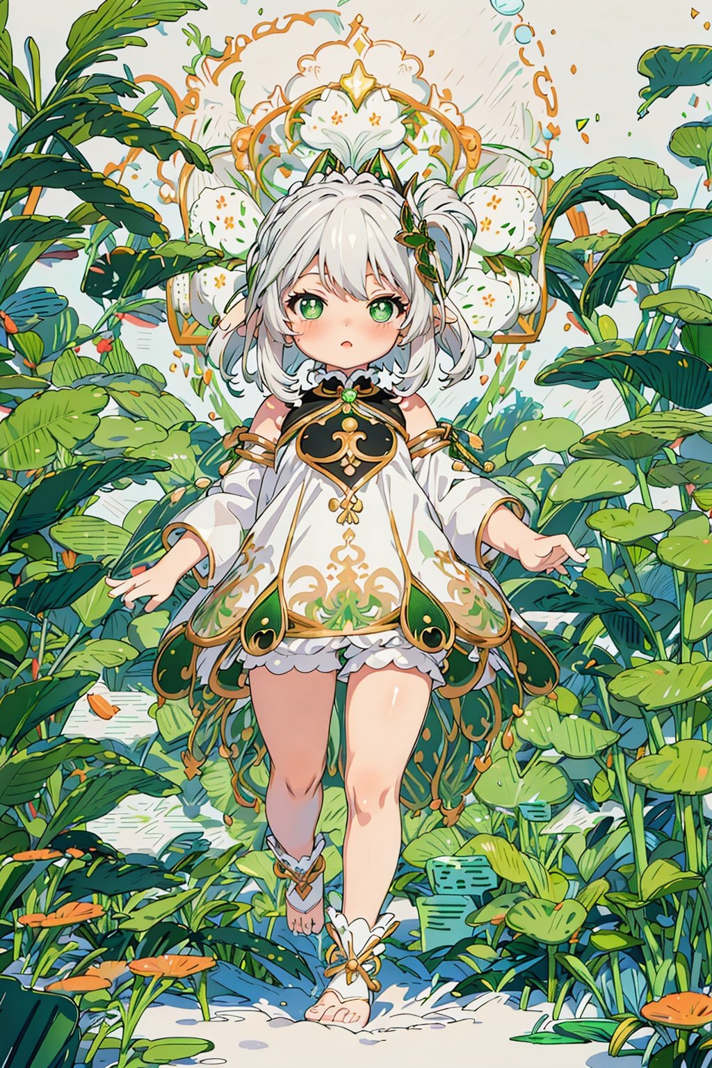 detailed illustration, kusanali,kid, white hair,white dress, green eyes,hair ornament, blush, full body, scenery, jungle ,32k,full body, chibi,（large breasts）