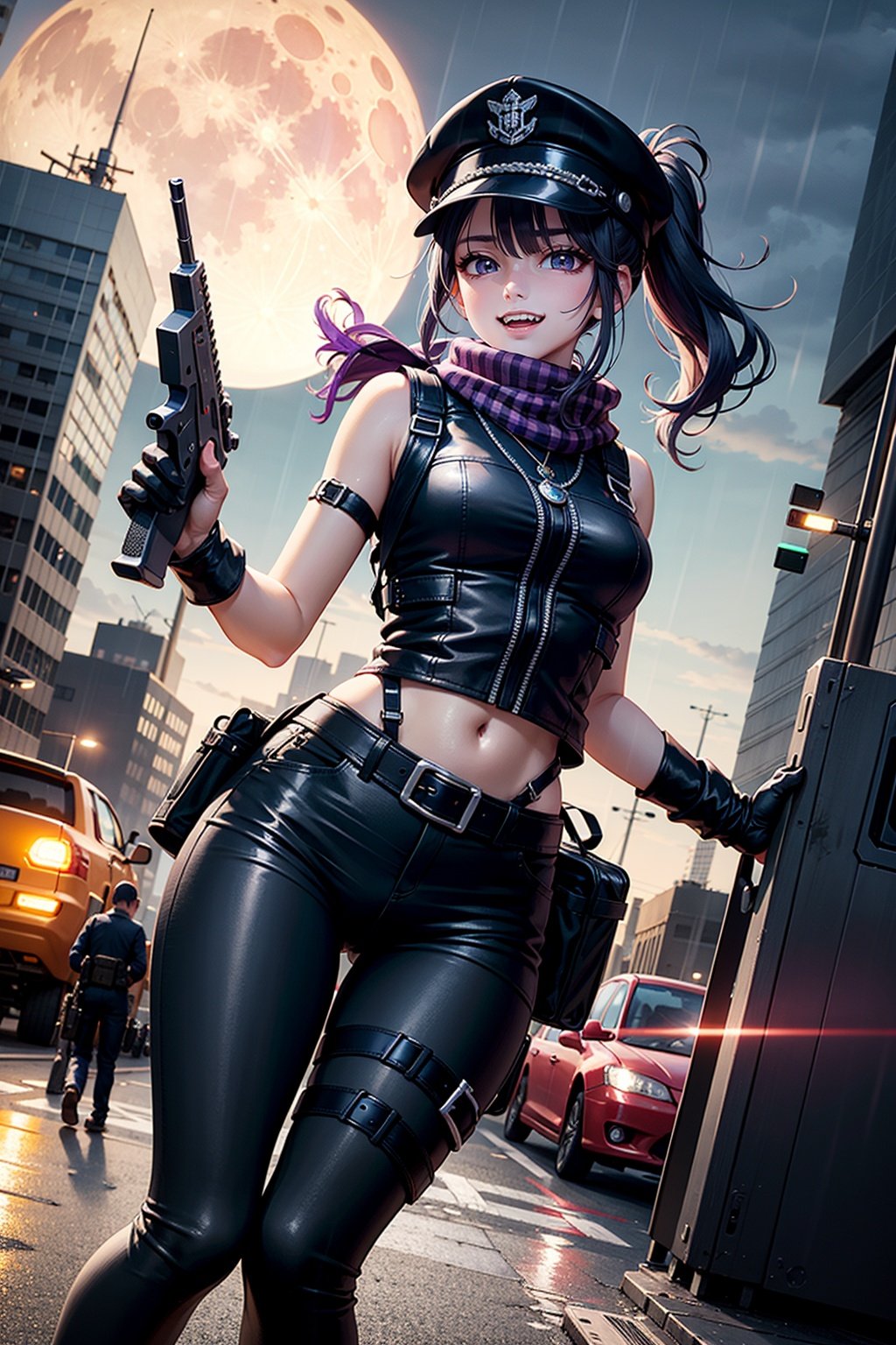 A running girl with a purple crystal necklace, alluring, bangs, cyberpunk street, rainy, purple eyes, poker face, purple hair, high ponytail, tactical headphones, chains, black cap, black sports vest, ammunition belt, waist pack, half-face mask, black leather gloves, toothy smile, sharp teeth, black and purple checkered scarf, black leggings, aiming, left hand dragging a riot shield, right hand holding a shotgun, aiming the gun, shiny eyes, messy hair, urban night scenery, purple moon, armed, armor, bullet, shoot, fire, red signal light, windy, helicopter, tactical equipment.
