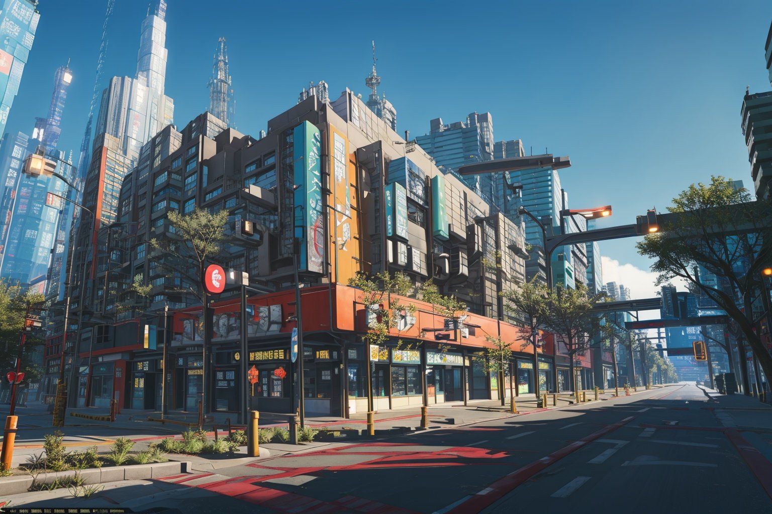 commercial street,front view,building,motor vehicle,car,ground vehicle,outdoors,tree,lighting,scenery,real world location,sky,blue sky,road,day,city,cityscape,street,tower.,32,高清