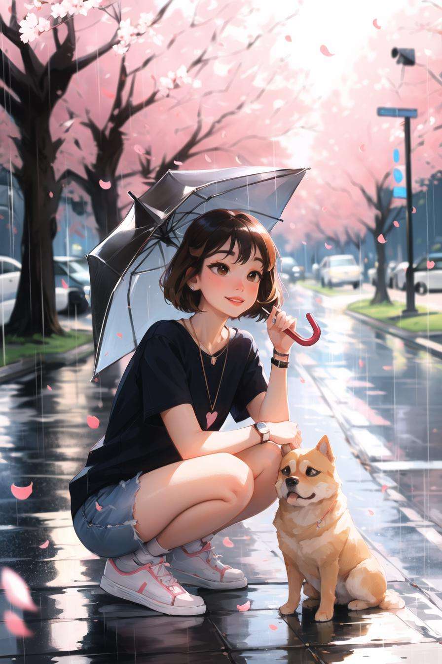 sam yang,1girl, animal, bird, blurry, blurry background, brown eyes, brown hair, cherry blossoms, dog, full body, holding, holding umbrella, jewelry, looking up, medium hair, necklace, rain, shiba inu, shoes, short sleeves, smile, sneakers, solo, squatting, transparent, transparent umbrella, umbrella, watch, wristwatch, ((masterpiece))<lora:sam_yang-000028:0.65>