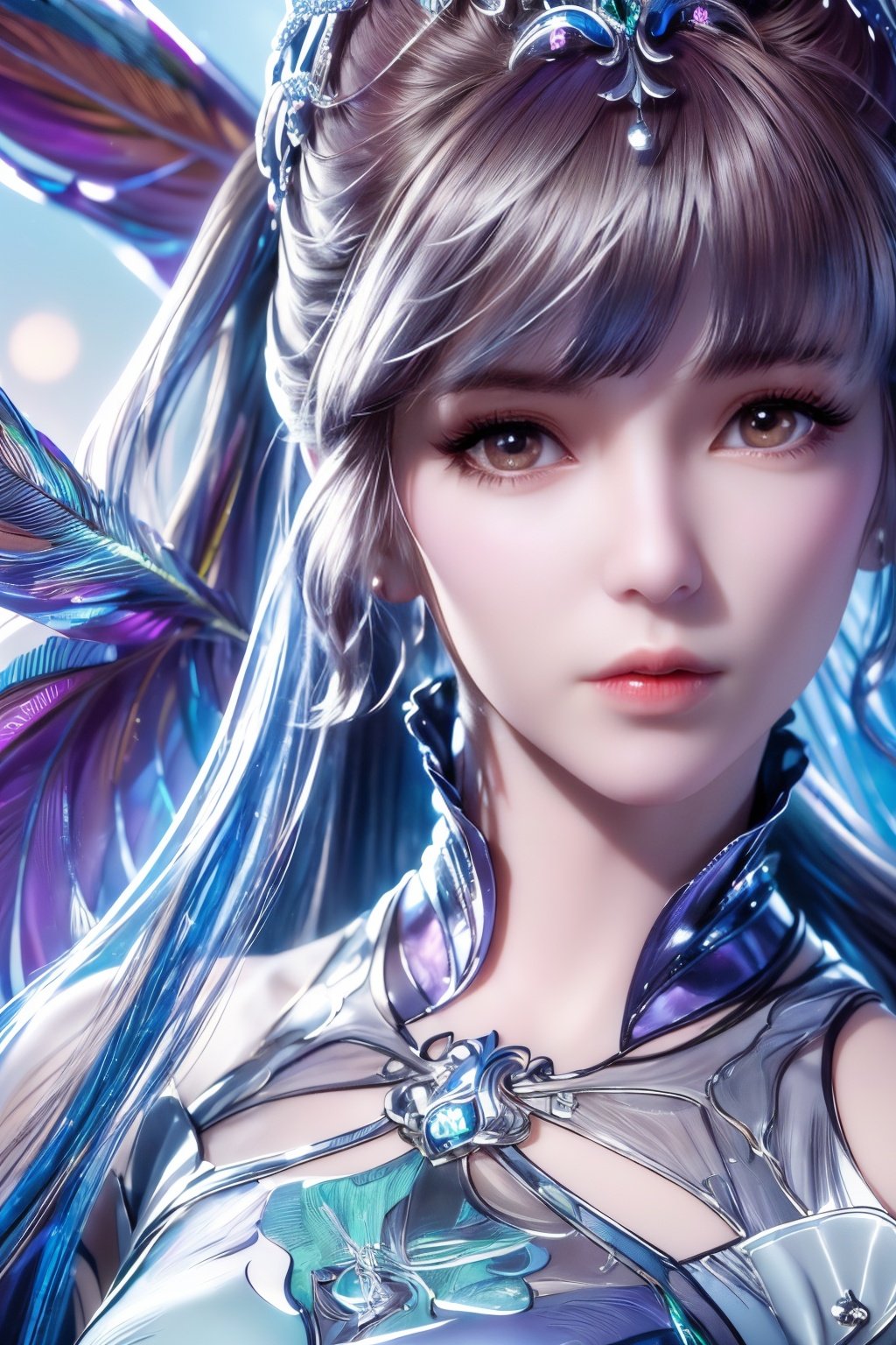 (Hyper Real), (illustration), (high resolution), (8K), (Very detailed), (Best Illustration), (Beautiful detailed eyes), (Best quality), (Super detailed), (Masterpiece), (the wallpaper), (Detailed face), Solo, (Dynamic pose), 1girl,jewelry,wings,dress,crystal,Peacock feathers,1 girl,yuyao,xwhd