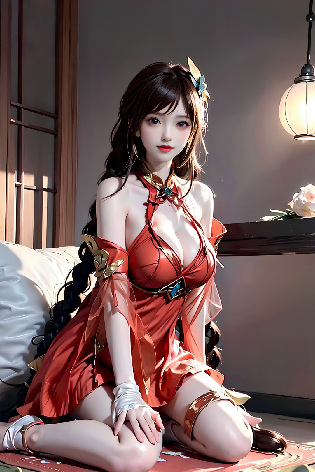 Girl, young and beautiful, tall and beautiful,daqiao, <lora:chilloutmixss_xss10:0.2>,red clothes, red_dress,high heels,thighhighs,upper body,  <lora:taiwanDollLikeness_v10:0.2>,anklet, barefoot, jewelry, solo, braid, sitting, black hair, bracelet,proportionate,ultra realistic,((white gloves)), light smile, 