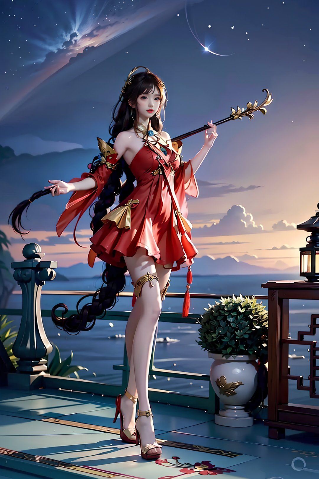 Girl, young and beautiful, tall and beautiful,daqiao, <lora:chilloutmixss_xss10:0.2>,red clothes, red_dress,high heels,thighhighs,((The Landscape Background of China)),upper body,  <lora:taiwanDollLikeness_v10:0.2>,star (sky),  (((in the air)))proportionate,ultra realistic,