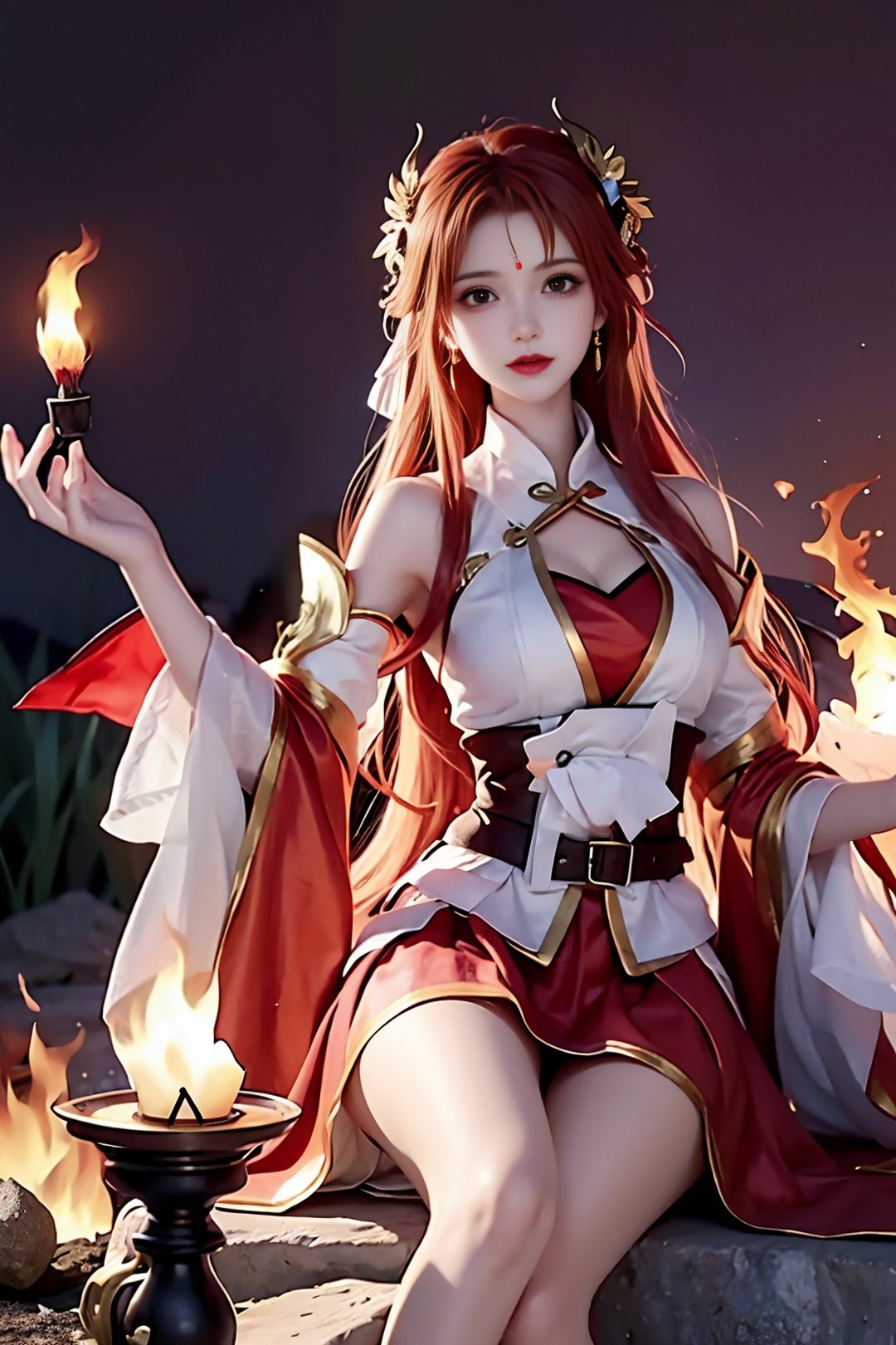 Girl, young and beautiful, tall and beautiful, fair face, perfect features, tall and beautiful, fair skin, good figure, heroic and valiant, heroic and valiant, wearing ancient Chinese armor, female general, Chinese landscape background, standing on the top of the mountain, 500 years ago, starry night, realistic, detailed, 8k, <lora:chilloutmixss_xss10:0.3> mix4,  ((sitting)),((full_body)), <lora:lasta-000018:0.5>Mature facial features,fire, flame, burning, molten_rock, breathing_fire, candle, fireplace, flaming_weapon, explosion, magic, pyrokinesis, sun, red_hair, torch, 1girl, flaming_sword, embers, sunset, campfire, long_hair, firing, fiery_hair, sitting,, energy_ball, candlelight, hair_ornament, solo, tail-tip_fire