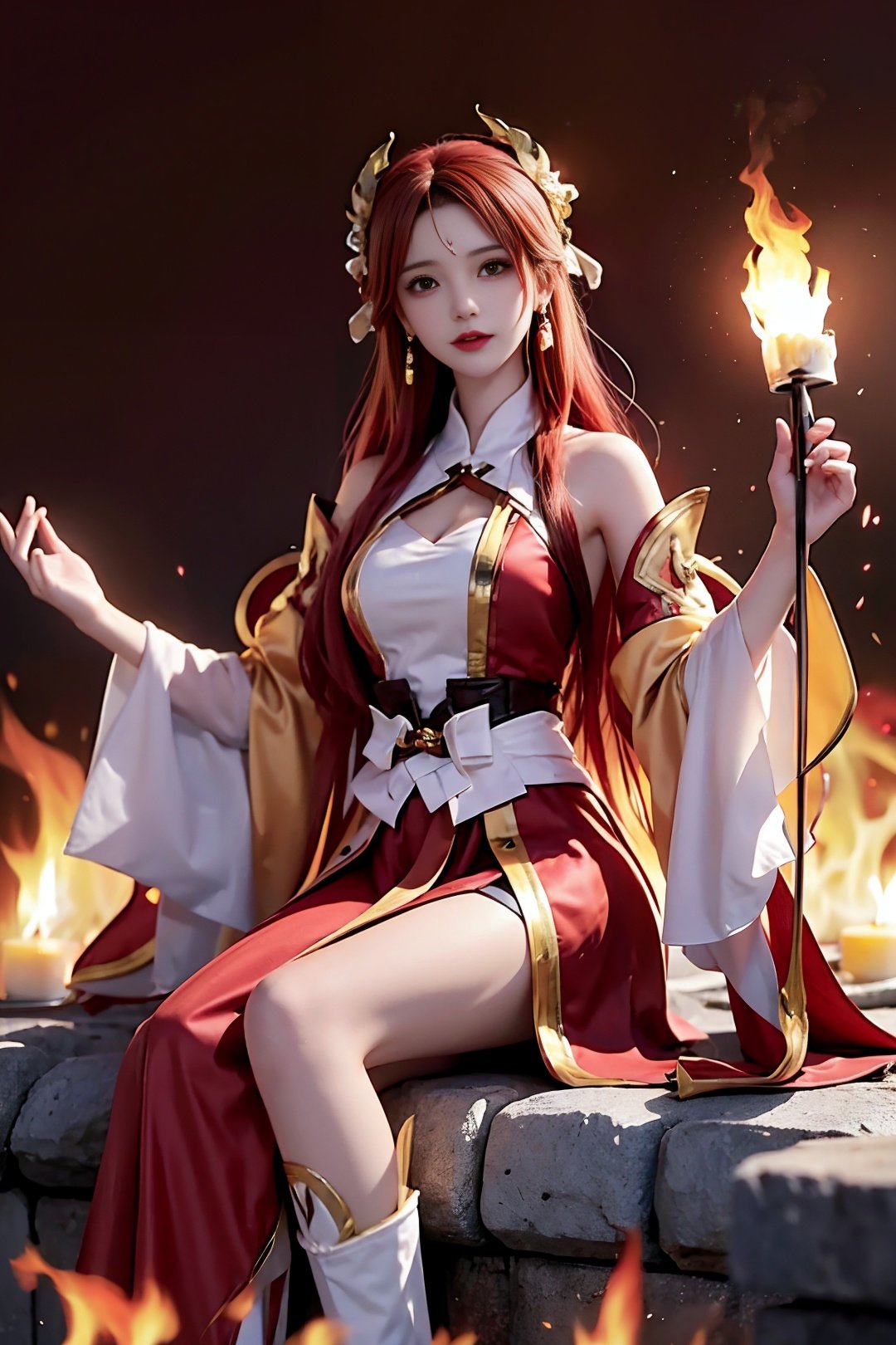 Girl, young and beautiful, tall and beautiful, fair face, perfect features, tall and beautiful, fair skin, good figure, heroic and valiant, heroic and valiant, wearing ancient Chinese armor, female general, Chinese landscape background, standing on the top of the mountain, 500 years ago, starry night, realistic, detailed, 8k, <lora:chilloutmixss_xss10:0.3> mix4,  ((sitting)),((full_body)), <lora:lasta-000018:0.5>Mature facial features,fire, flame, burning, molten_rock, breathing_fire, candle, fireplace, flaming_weapon, explosion, magic, pyrokinesis, sun, red_hair, torch, 1girl, flaming_sword, embers, sunset, campfire, long_hair, firing, fiery_hair, sitting,, energy_ball, candlelight, hair_ornament, solo, tail-tip_fire