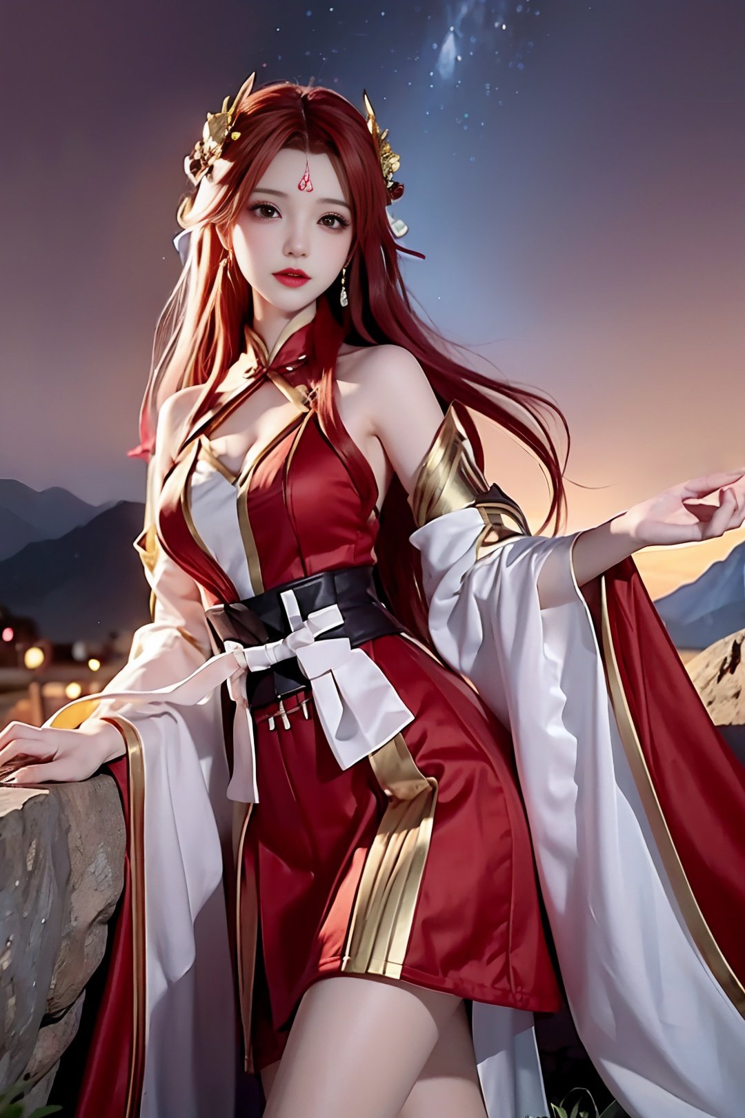 Girl, young and beautiful, tall and beautiful, fair face, perfect features, tall and beautiful, fair skin, good figure, heroic and valiant, heroic and valiant, wearing ancient Chinese armor, female general, ((Chinese landscape background, standing on the top of the mountain)), 500 years ago, starry night, realistic, detailed, 8k, <lora:chilloutmixss_xss10:0.3> mix4,  ((sitting)),((full_body)), <lora:lasta-000018:0.5>red_dress,((starry sky)), fire, red hair, solo, hair ornament, long hair, red eyes, jewelry, earrings, dress, bare shoulders, red lips,  facial mark, crescent, lipstick, forehead mark, looking at viewer，Mature facial features