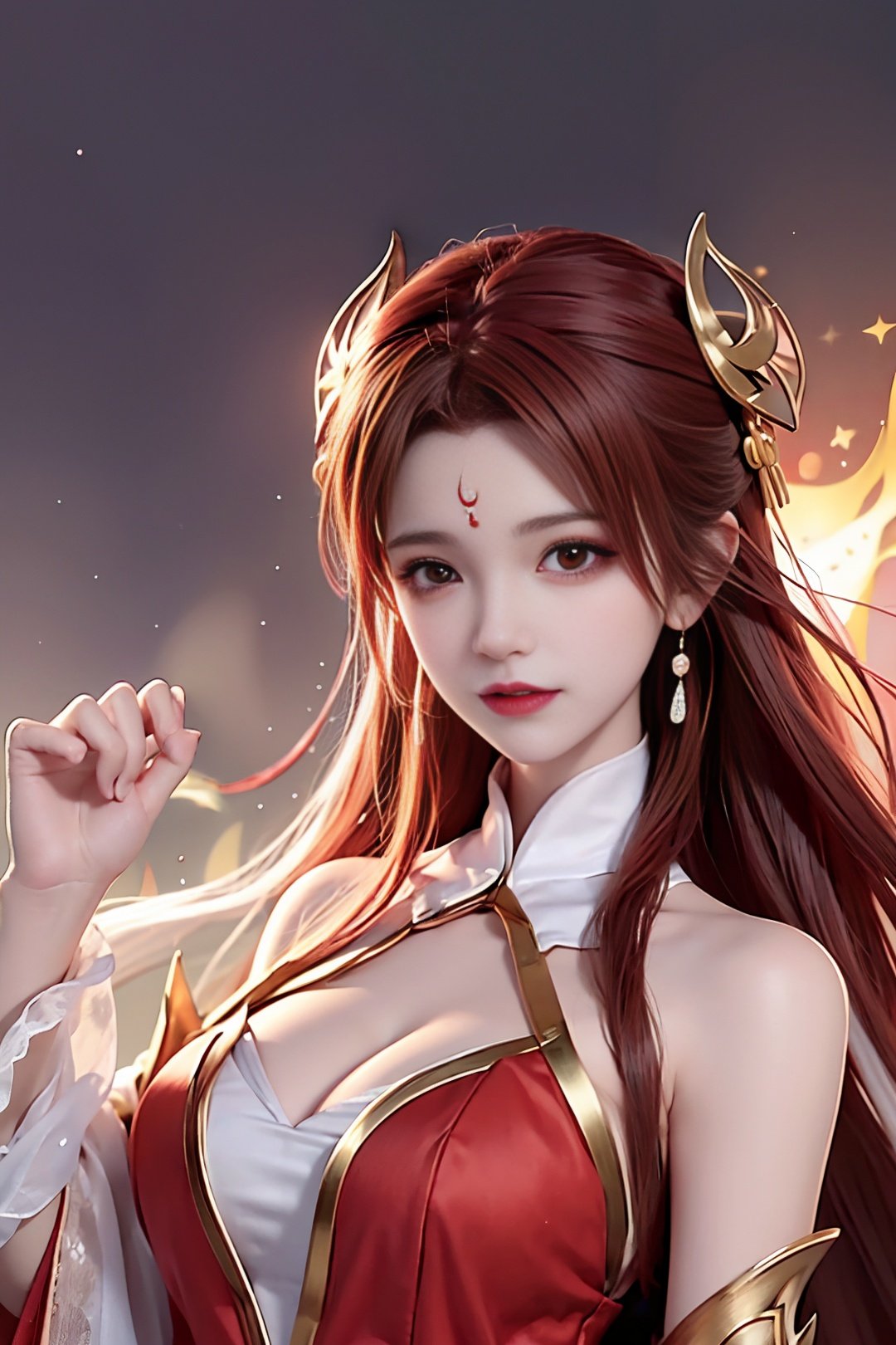 Girl, young and beautiful, tall and beautiful, fair face, perfect features, tall and beautiful, fair skin, good figure, heroic and valiant, heroic and valiant, wearing ancient Chinese armor, female general, Chinese landscape background, standing on the top of the mountain, 500 years ago, starry night, realistic, detailed, 8k, <lora:chilloutmixss_xss10:0.3> mix4,  sitting <lora:lasta-000018:0.5>red_dress,starry sky, fire, red hair, solo, hair ornament, long hair, red eyes, jewelry, earrings, dress, bare shoulders, red lips, upper body,, facial mark, crescent, lipstick, forehead mark, looking at viewer，Mature facial features