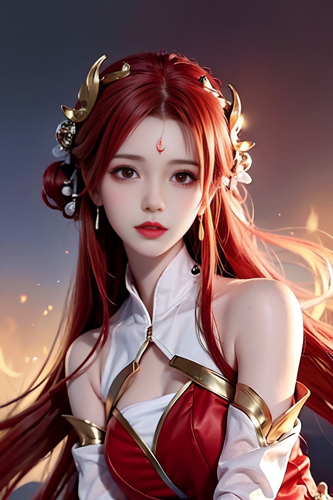 Girl, young and beautiful, tall and beautiful, fair face, perfect features, tall and beautiful, fair skin, good figure, heroic and valiant, heroic and valiant, wearing ancient Chinese armor, female general, Chinese landscape background, standing on the top of the mountain, 500 years ago, starry night, realistic, detailed, 8k, <lora:chilloutmixss_xss10:0.3> mix4,   <lora:lasta-000018:0.5>red_dress,starry sky, fire, red hair, solo, hair ornament, long hair, red eyes, jewelry, earrings, dress, bare shoulders, red lips, upper body,, facial mark, crescent, lipstick, forehead mark, looking at viewer，Mature facial features