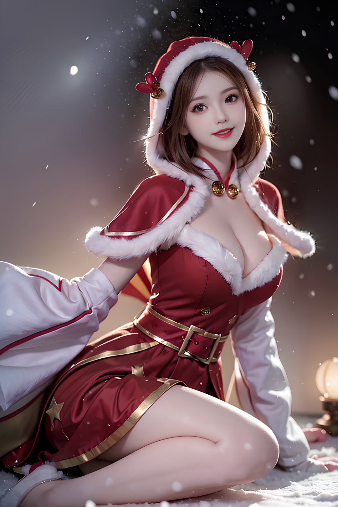 (((Snow_background|starry_background))),((Background of details)),1girl, solo, brown hair, breasts, hood, cleavage, brown eyes, smile, capelet, looking at viewer, bell, dress, fur trim, gift, skirt, , masterpiece, best quality,bing,full body, Girl, young and beautiful, tall and beautiful, fair face, perfect features, tall and beautiful, fair skin, good figure, , <lora:chilloutmixss_xss10:0.2> mix4,<lora:taiwanDollLikeness_v10:0.2> 4k,cg,light smile,bing,((snowing background)),Ancient Chinese Architecture,,Super slim legs,{lying|sitting sideways}, 