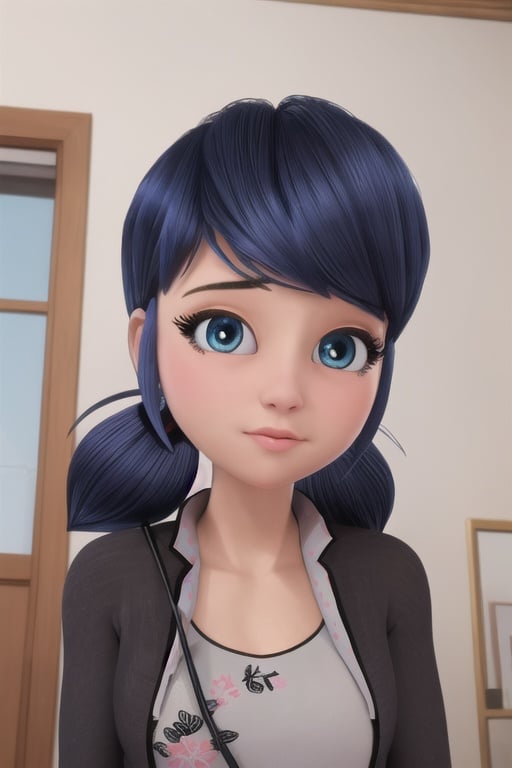 (8k, RAW photo, best quality, masterpiece:1.2), (intricate details), perfect eyes, perfect face, perfect lighting, beautiful, (masterpiece:1.2), (best quality:1.2), 1girl, solo, marinette, blue hair, ponytails, pajamas,  <lora:marinette-10:0.85>