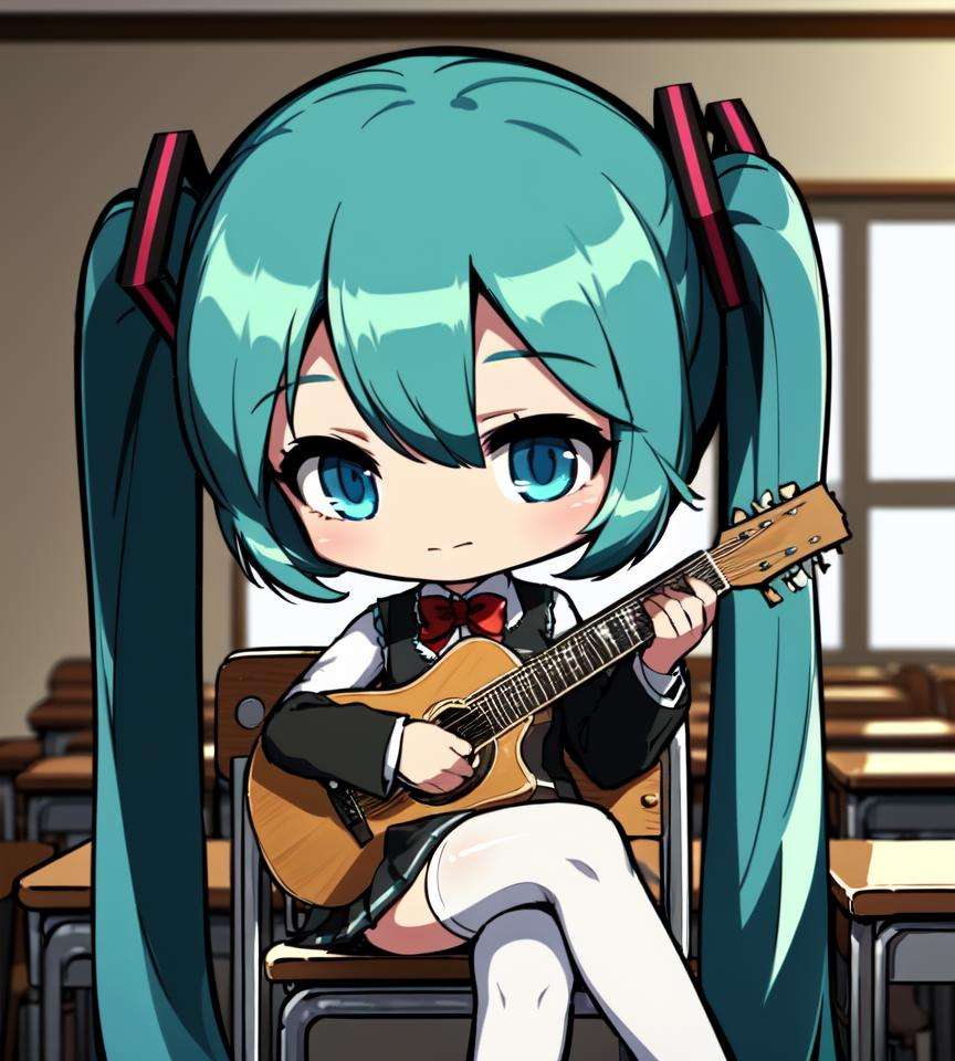 chibi,8k, 4k,1girl, solo, instrument, hatsune miku, skirt, thighhighs, twintails, long hair, sitting, guitar, shirt, classroom, (playing instrument:1.3), desk, indoors, white shirt, school uniform, bow, school desk, black thighhighs, crossed legs, collared shirt, music, pleated skirt, very long hair, holding, bowtie, window, black skirt, cherry blossoms, blue hair, chair, school chair, (acoustic guitar), red bow, blue eyes, (holding instrument), long sleeves, vest, hair between eyes, bangs, red bowtie, zettai ryouiki, closed mouth, grey vest,(chibi:1.3)