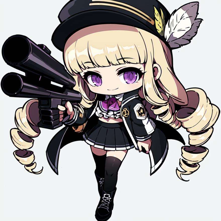 chibi,8k, 4k,chibi, 1girl, solo, skirt, thighhighs, weapon, purple eyes, blonde hair, hat, holding, white background, white thighhighs, drill hair, long hair, gun, black skirt, holding weapon, simple background, black footwear, smile, pleated skirt, looking at viewer, full body, holding gun, jacket on shoulders, ascot, jacket, long sleeves, closed mouth, shirt, white shirt, boots, frills, hat feather