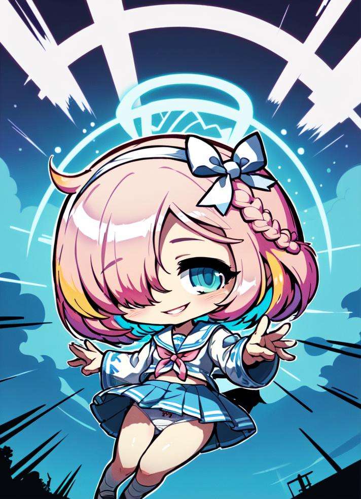 8k, 4k,nsfw,chibi,1girl, arona (blue archive), solo, halo, white skirt, skirt, sky, hair over one eye, blue hair, cloud, sailor collar, school uniform, blue eyes, braid, white sailor collar, hairband, shirt, blue shirt, serafuku, bow, looking at viewer, long sleeves, blue sky, pleated skirt, smile, pink hair, multicolored hair, short hair, single braid, underwear, bangs, panties, white bow, choker, day, ribbon, bow hairband, white choker, puffy sleeves, white hairband, cloudy sky