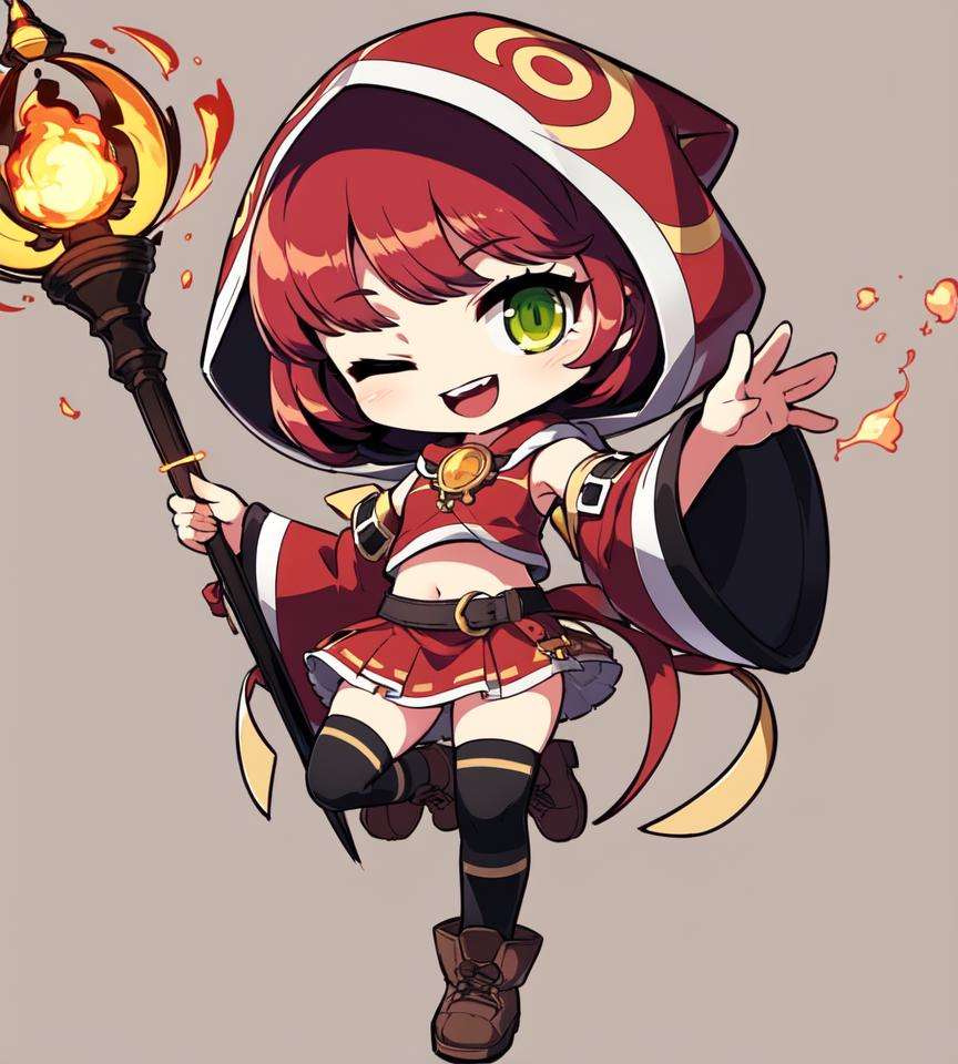 ,8k, 4k,highres, best quality, masterpiece,1girl, fire, one eye closed, solo, red hair, green eyes, smile, boots, holding, hood, , open mouth, staff, wide sleeves, red skirt, skirt, detached sleeves, ;d, standing on one leg, full body, holding staff, hood up, chibi, standing, brown footwear, looking at viewer, long hair, , miniskirt, long sleeves, magic, teeth, midriff, black socks, kneehighs, pyrokinesis, gem, socks, leg up, bangs, red shirt, thighhighs, upper teeth only ,, 8k, 4k, (highres:1.1), best quality, (masterpiece:1.3),(nsfw:1.2)