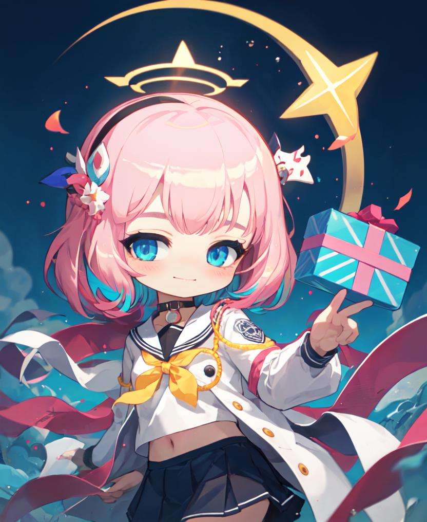 8k, 4k,nsfw,(chibi:1.2),1girl, arona (blue archive), solo, skirt, blue eyes, blue hair, sky, school uniform, white skirt, cloud, smile, hair over one eye, halo, multicolored hair, braid, white sailor collar, box, sailor collar, pink hair, blue sky, holding, serafuku, shirt, pleated skirt, choker, long sleeves, looking at viewer, white choker, holding gift, gift, hairband, two-tone hair, bangs, blue shirt, day, single braid, short hair, outdoors, white hairband, closed mouth, valentine, ribbon, bow, blush, sleeves past wrists, gift box