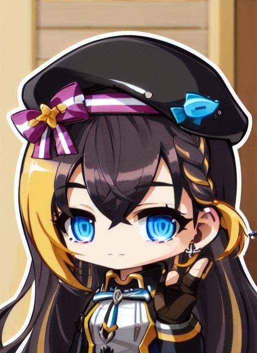 8k, 4k, (highres:1.1), best quality, (masterpiece:1.3), 1girl, solo, virtual youtuber, hat, gloves,braid, multicolored hair, earrings, fingerless gloves, beret,two-tone hair, jewelry,brown hair, long hair, blue eyes, streaked hair,black hair, fish hair ornament, single earring,braided bangs,hair between eyes,crossed bangs,8k, 4k, (highres:1.1), best quality, (masterpiece:1.3)