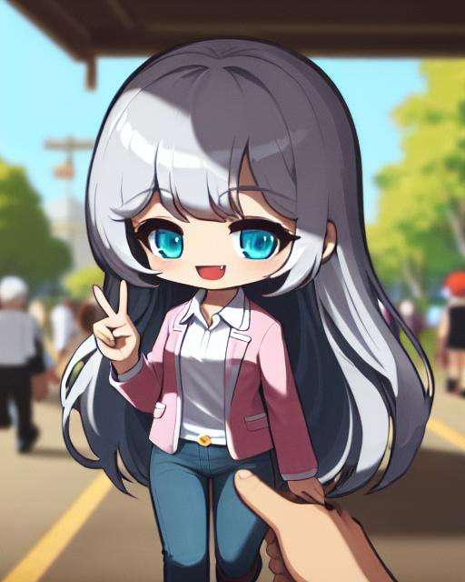 8k, 4k, (highres:1.1), best quality, (masterpiece:1.3),(nsfw),masterpiece, best quality, 1girl, POV, silver hair, long wavy hair, turquoise eyes, white collared shirt, pink jacket, jeans, peace sign, walking, park, sky, colorful, :d, fang, crowd,chibi