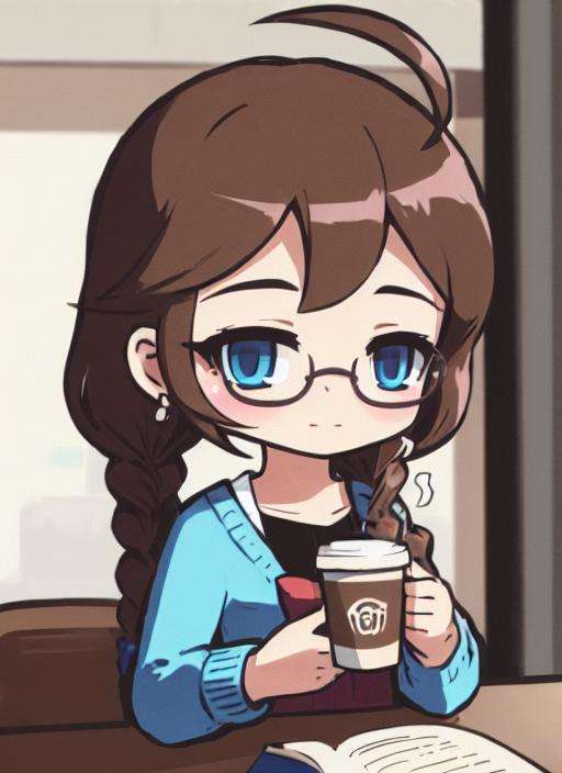 8k, 4k, (highres:1.1), best quality, (masterpiece:1.3),1girl, solo, glasses, blue eyes, book, chibi, earphones, braid, cup, twin braids, bow, brown hair, earbuds, ahoge, sweater, holding, twintails, long hair, round eyewear, disposable cup, coffee cup, shirt, bangs