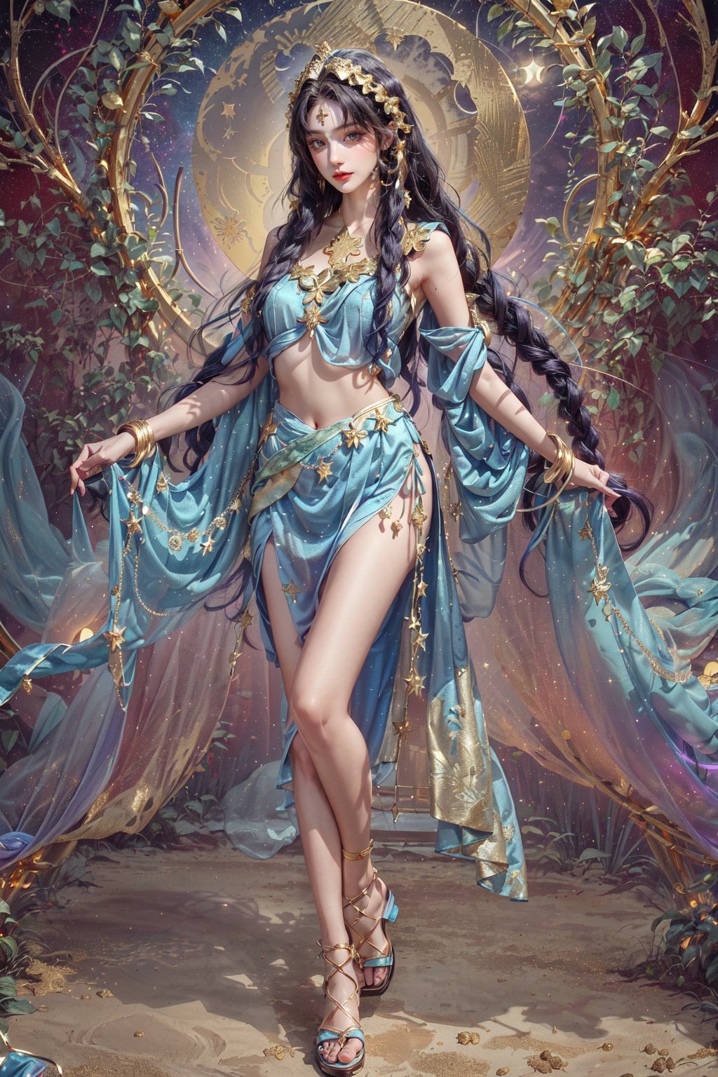 ethereal, magnificent,(beautiful), (longflowinghair),(azureblueeyes),(goldandpurpleclothes),(jeweledsandals), (stars inthebackground), (moonlight),(fantasticalplants), glowing,mystical,(golden headdress:1.5),smart,noble, (elegantpose),(spectacular), (mysteriousbeauty)