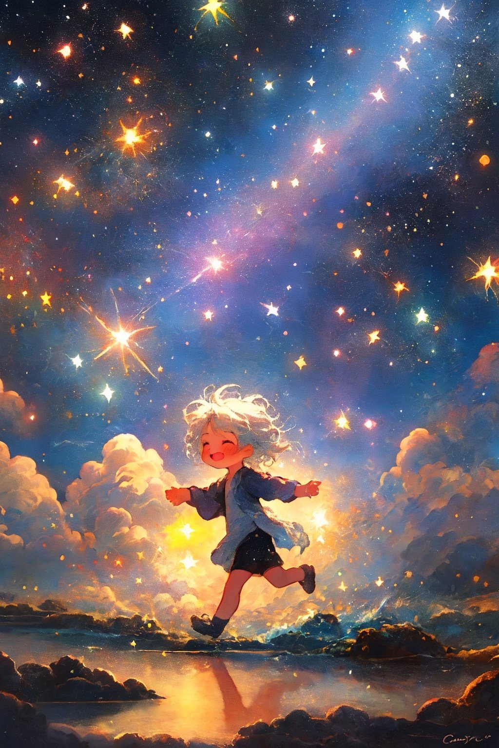 a cute boy with gold hair is holding a large shining stars::2, baby body, is running on the sea, land of dreams, shotting stars, the milky way, colorful star clusters, oil painting style, very obvious oil painting strokes, beautiful, side view, 16k, hd, booru,more details, color cartoon,, <lora:EMS-3106-EMS:1>