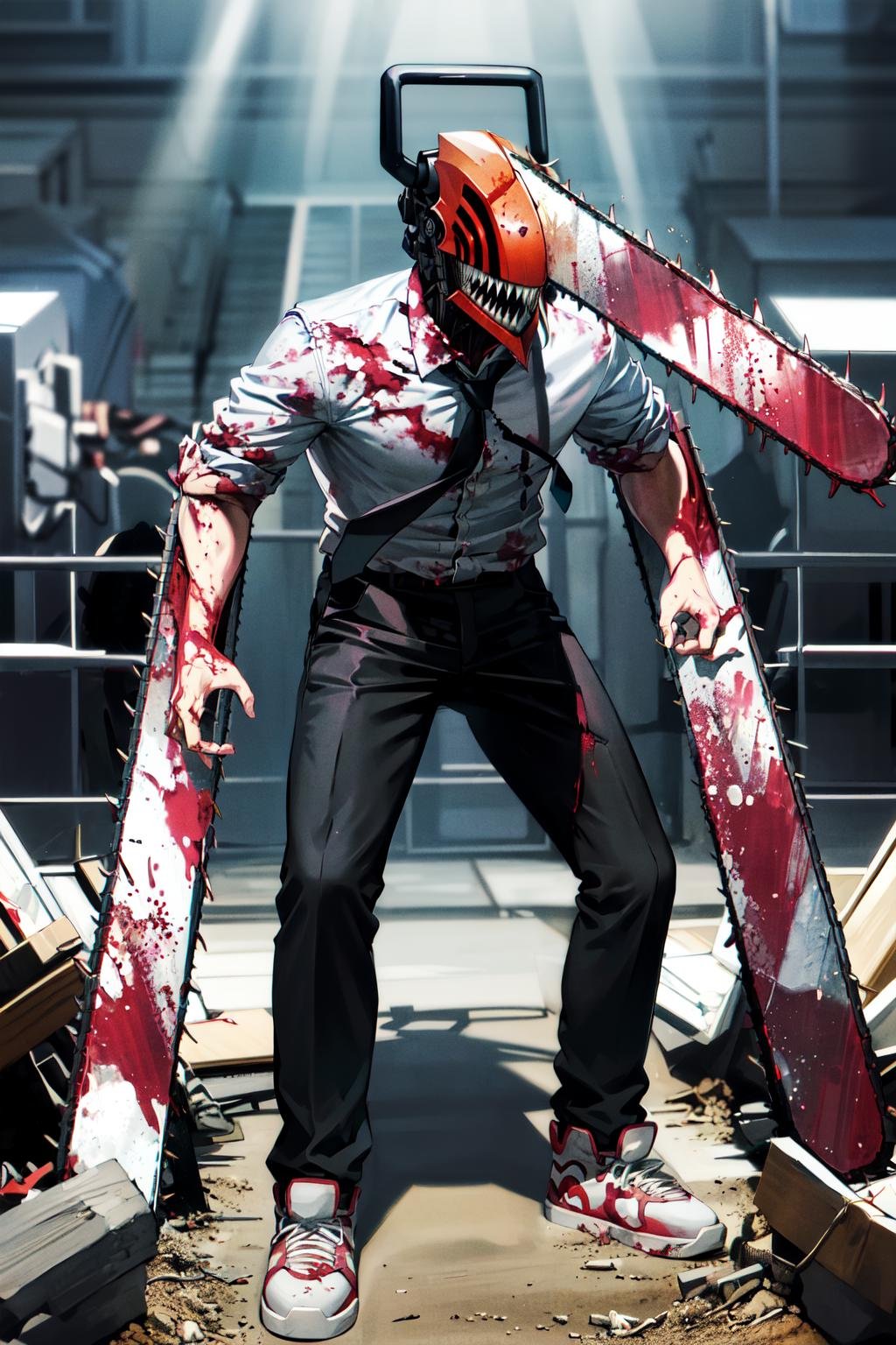 masterpiece, best quality, highres, monster boy, djb, sharp teeth, chainsaw, blood on clothes, collared shirt, black pants, <lora:denji_v2:0.9>, luins,