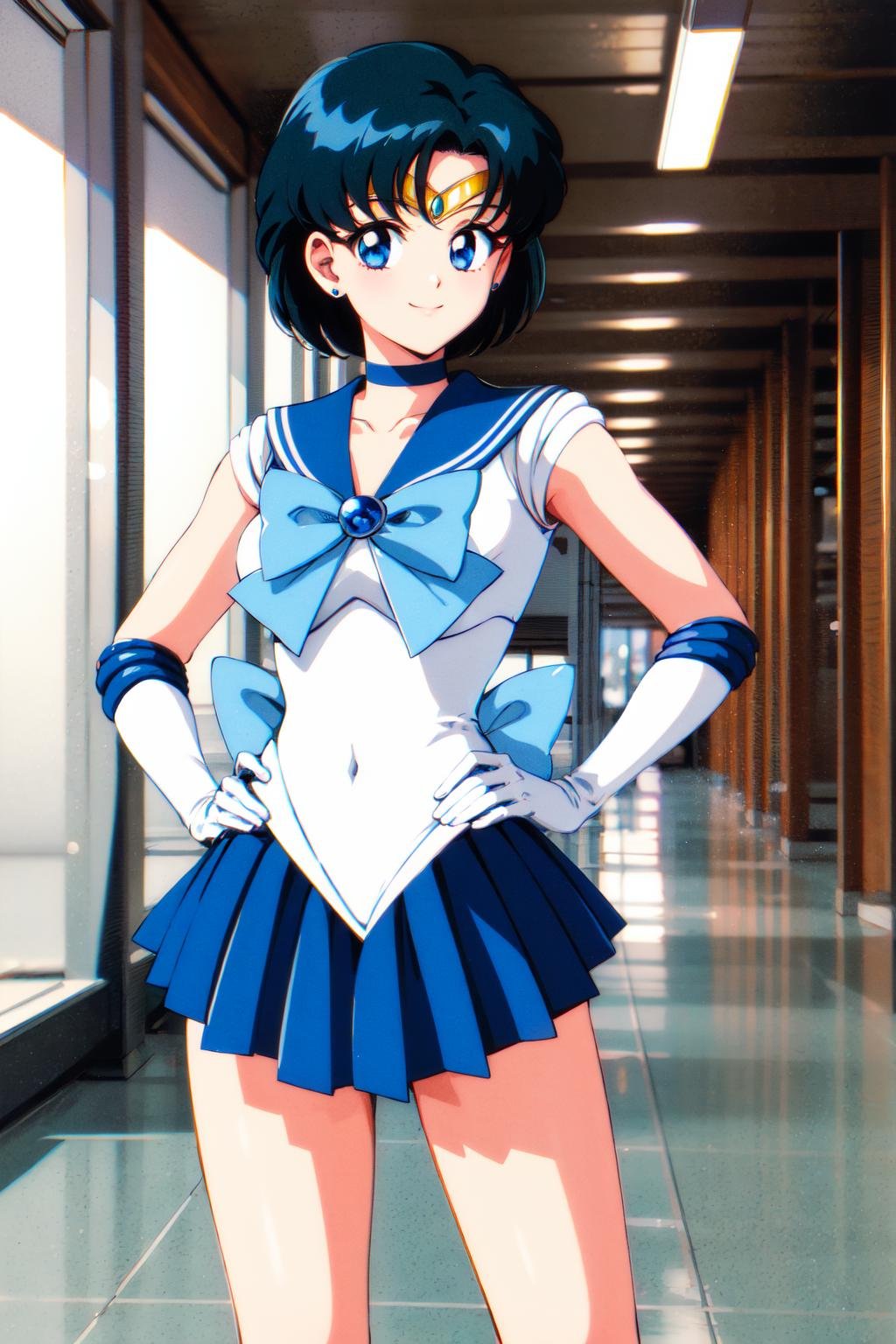 masterpiece, best quality, highres, mer1, tiara, sailor senshi uniform, blue sailor collar, bow, knee boots, choker, white gloves, blue choker, elbow gloves, jewelry, earrings, blue skirt, <lora:mercury_v2:0.7>, cowboy shot, 1990s \(style\), outdoors, hand on hip, smile, indoors,