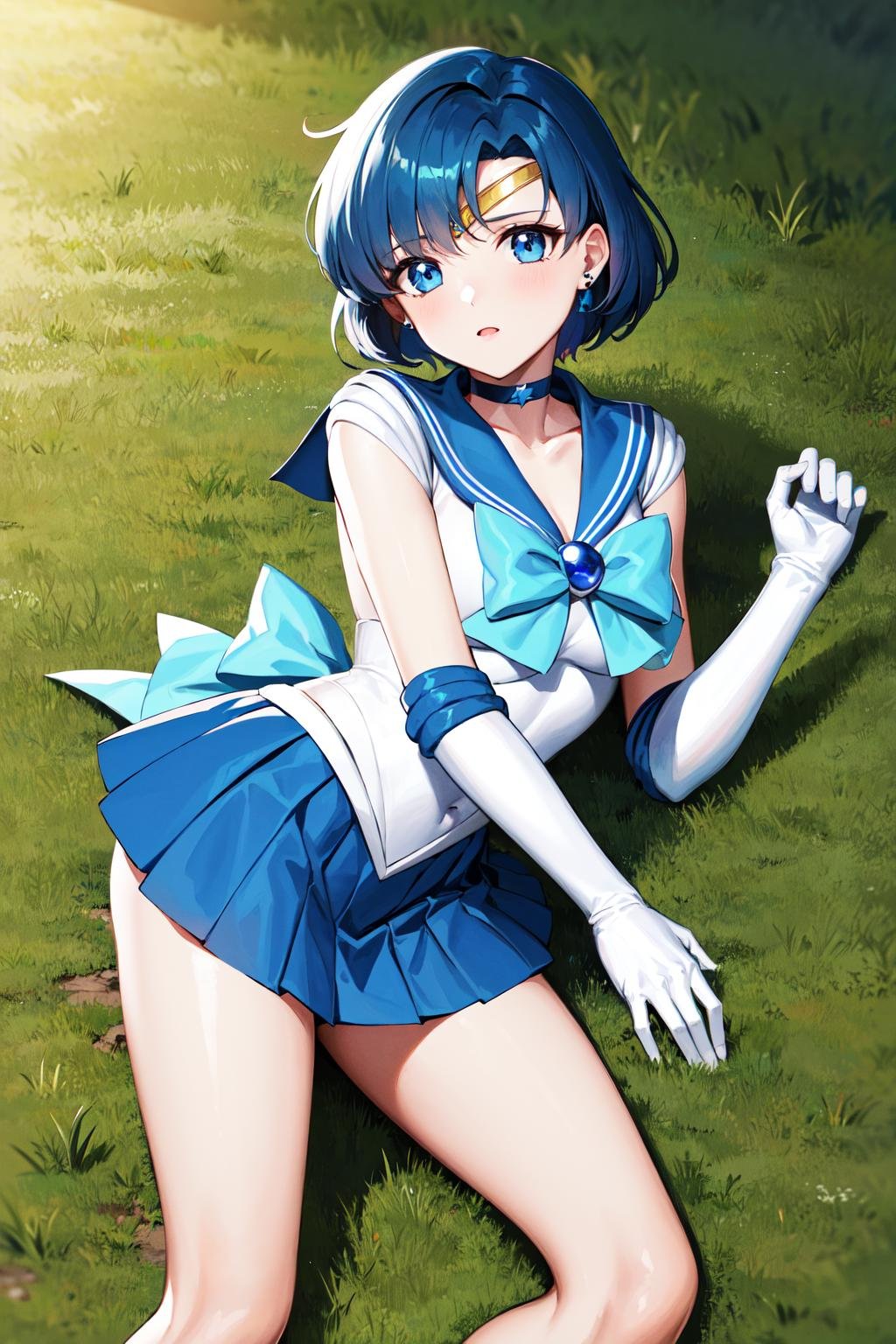 masterpiece, best quality, highres, mer1, tiara, sailor senshi uniform, blue skirt, blue sailor collar, tiara, bow, knee boots, choker, white gloves, blue choker, elbow gloves, jewelry, earrings, pleated skirt, <lora:mercury_v2:0.7>, night, grass, cowboy shot,