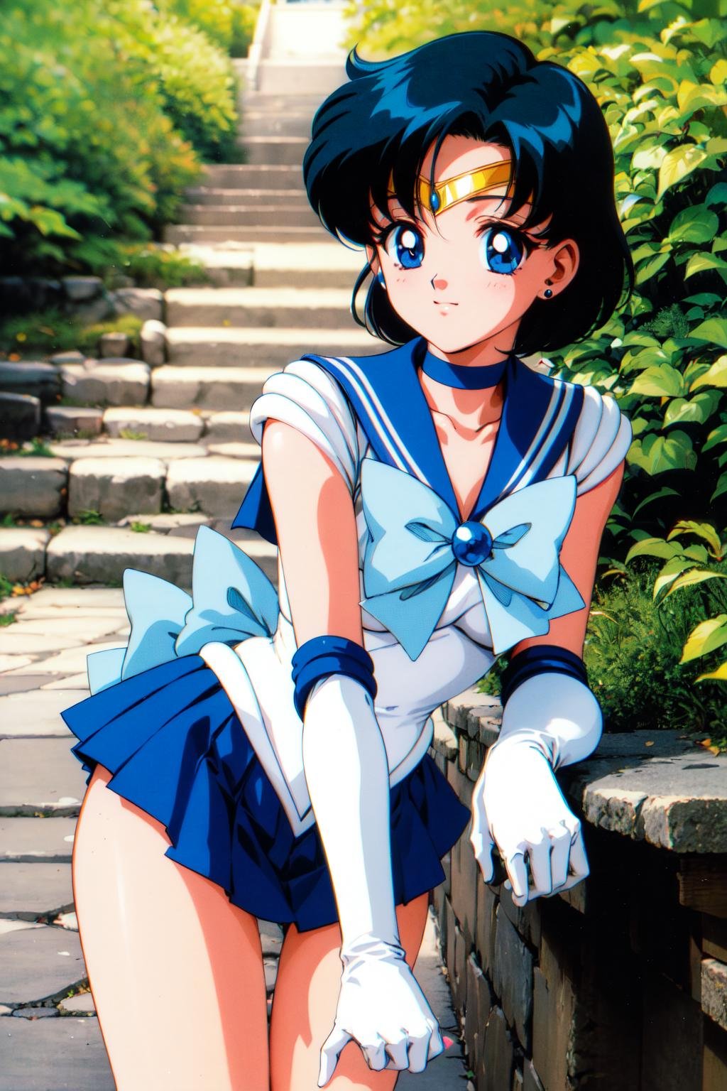 masterpiece, best quality, highres, mer1, tiara, sailor senshi uniform, blue sailor collar, bow, knee boots, choker, white gloves, blue choker, elbow gloves, jewelry, earrings, blue skirt, <lora:mercury_v2:0.7>, cowboy shot, 1990s \(style\), outdoors,