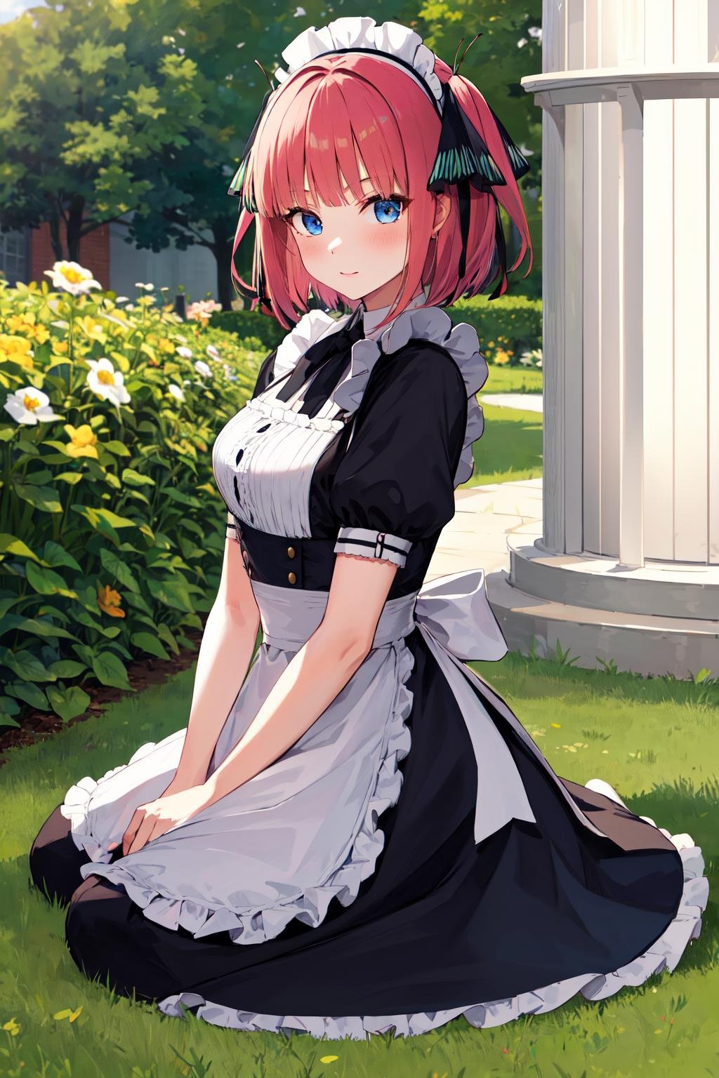 masterpiece, best quality, highres, nn1, 1girl, hair ribbon, short hair, <lora:nakano_nino_v10:0.8>, maid, maid headdress, wariza, garden,