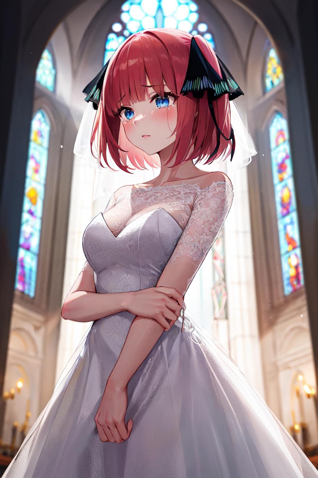 masterpiece, best quality, highres, nn1, 1girl, hair ribbon, short hair, <lora:nakano_nino_v10:0.8>, wedding dress, tears, wedding_veil, church, cowboy shot,