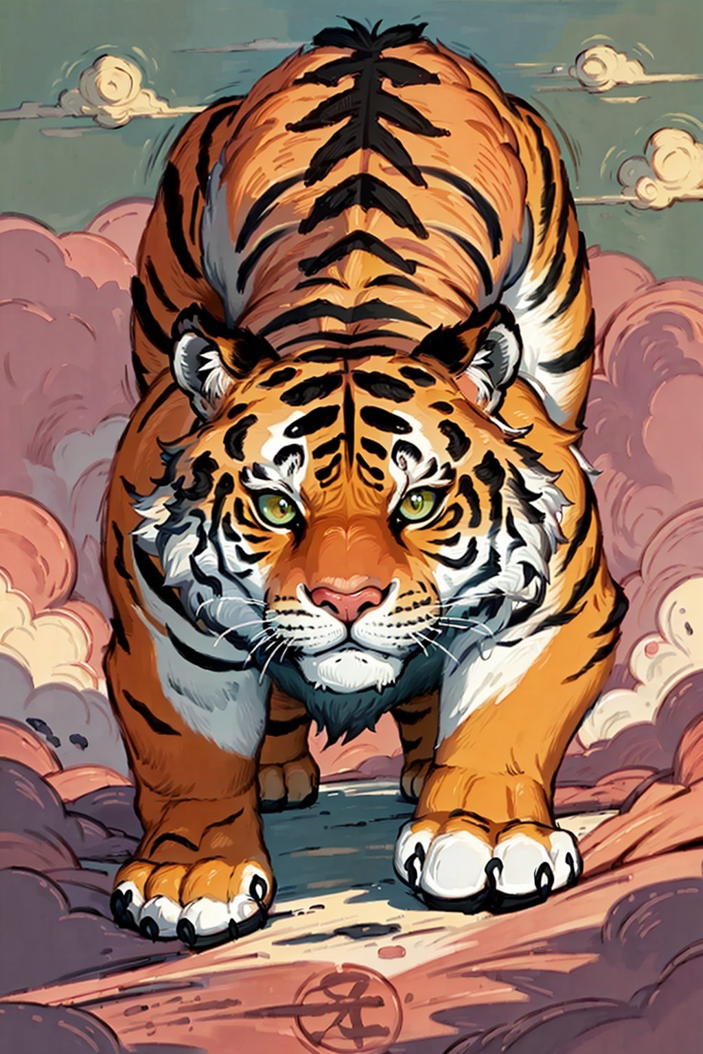 (best quality,masterpiece:1.5),Tiger, rising sun, clouds,