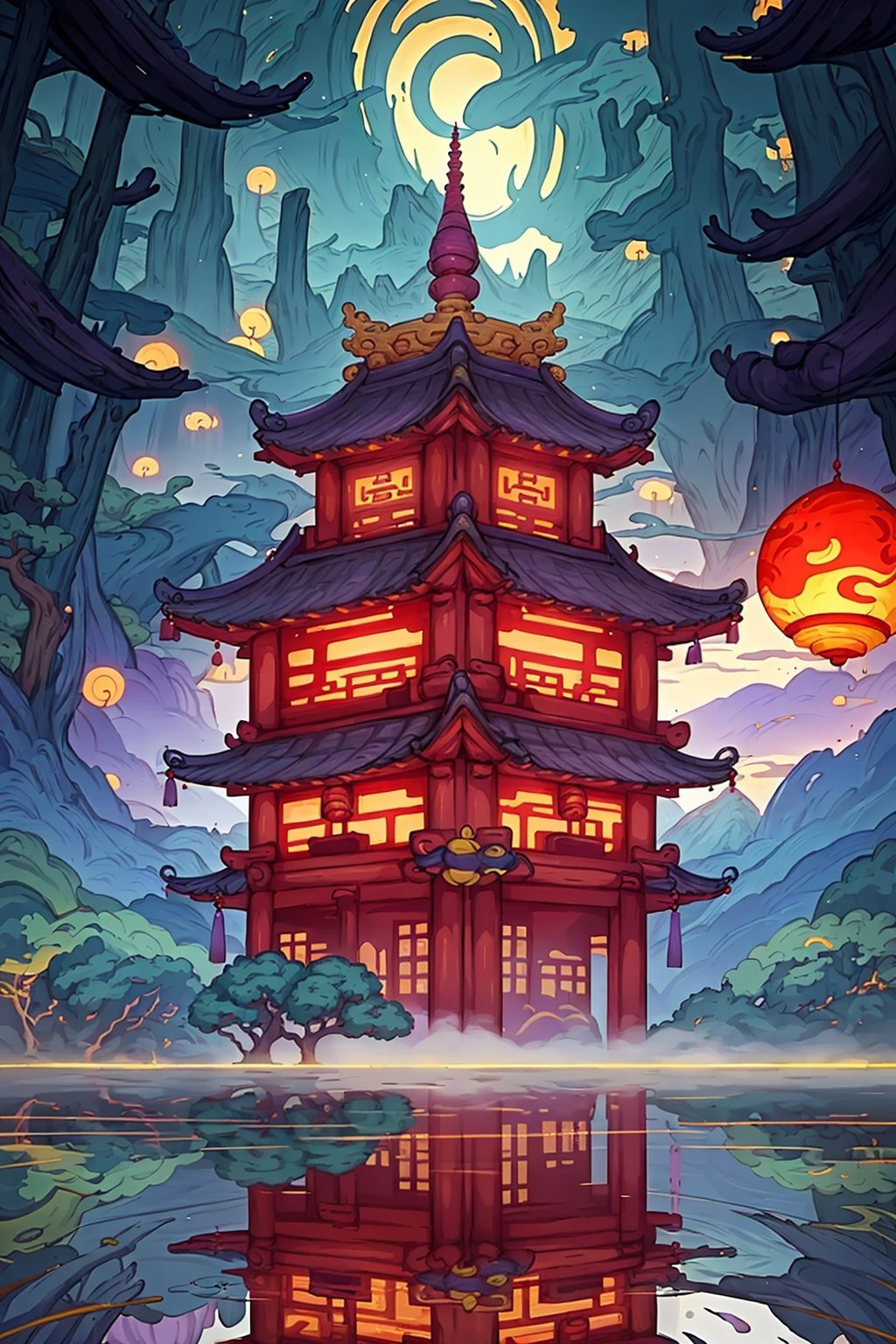  A surrealistic depiction of the mythical city of Fengdu. The city stands tall, engulfed in ethereal mist, with towering ancient buildings adorned in intricate carvings. The skyline is dotted with elaborate temples and pagodas that seem to blend seamlessly with the surrounding mountains. The city is surrounded by a tranquil river, its calm waters reflecting the otherworldly beauty of Fengdu. The color palette is rich and vibrant, with deep blues, purples, and golds dominating the scene. The lighting is soft and dreamlike, casting a warm glow over the city. The overall atmosphere is mysterious and mystical, evoking a sense of wonder and enchantment.