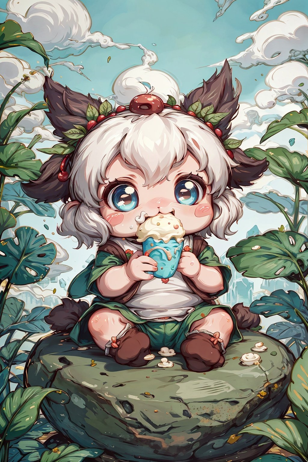  The image of the ancients in the Stone Age, the cute little baby, wearing clothes made of leaves, eating ice cream innocently, without confusion, showing the fun and cuteness relative to the background of the times.