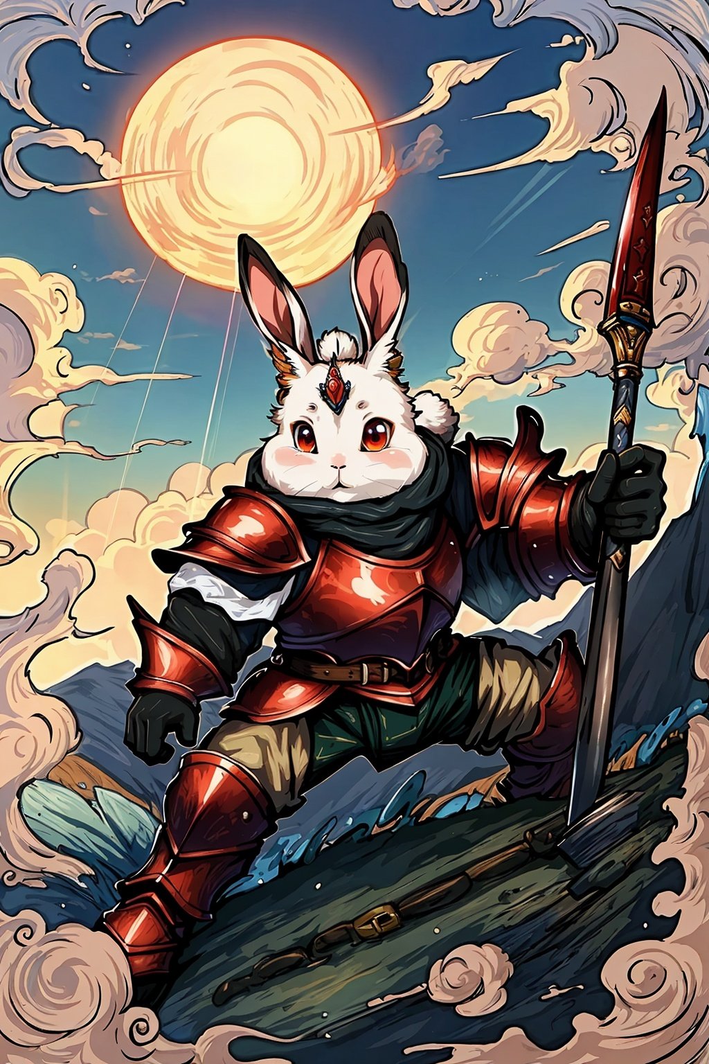 (best quality:1.5),HD,HDR,64K,((highly detailed)),,armor,weapon,whole body,bunny,long ears,red eyes,cloud,