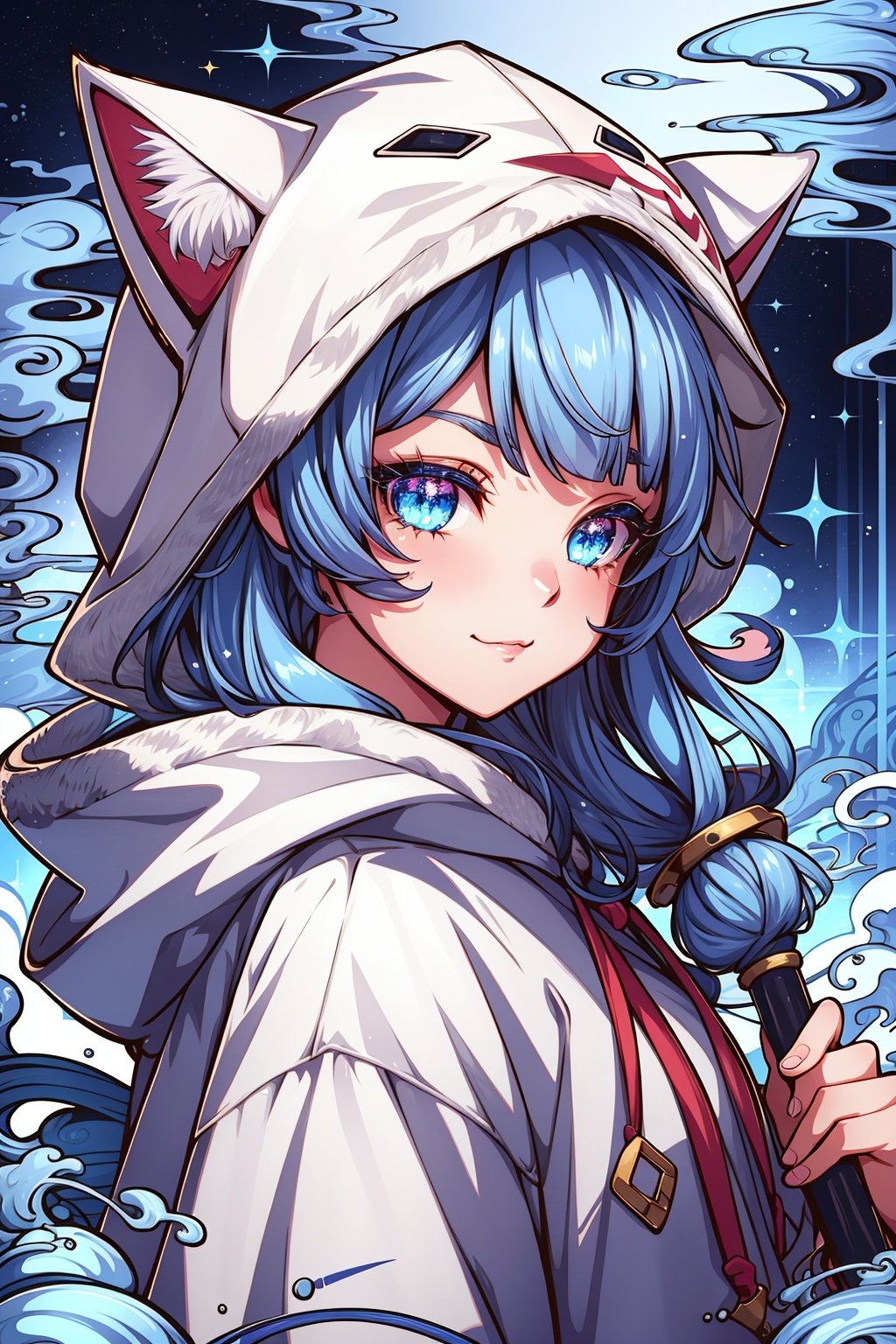  1girl, blue eyes, :3, solo, hood, blue hair, bangs, sparkle, cat ears, animal hood, animal hat, long hair, looking at viewer, UHD, 16k,