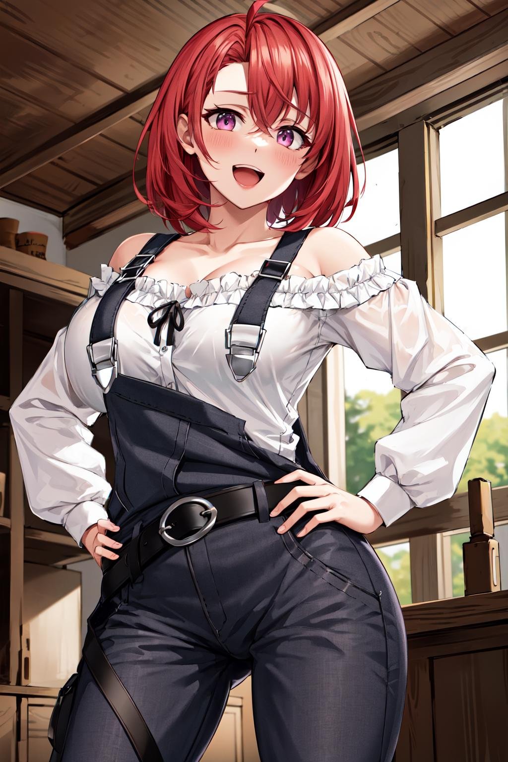 masterpiece, best quality, highres, gscg, ahoge, overalls, white shirt, collarbone, off shoulder, long sleeves, belt, long pants, large breasts, <lora:cow_girl_v1:0.8>, cowboy shot, :d, hand on hip, 