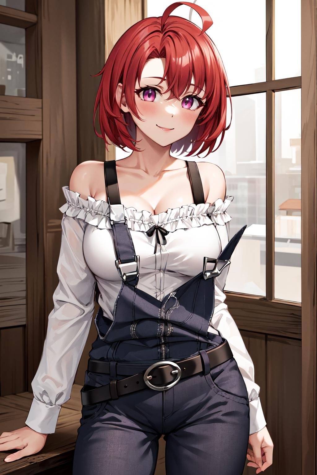 masterpiece, best quality, highres, gscg, ahoge, overalls, white shirt, collarbone, off shoulder, long sleeves, belt, long pants, large breasts, <lora:cow_girl_v1:0.8>, cowboy shot, standing, smile, 