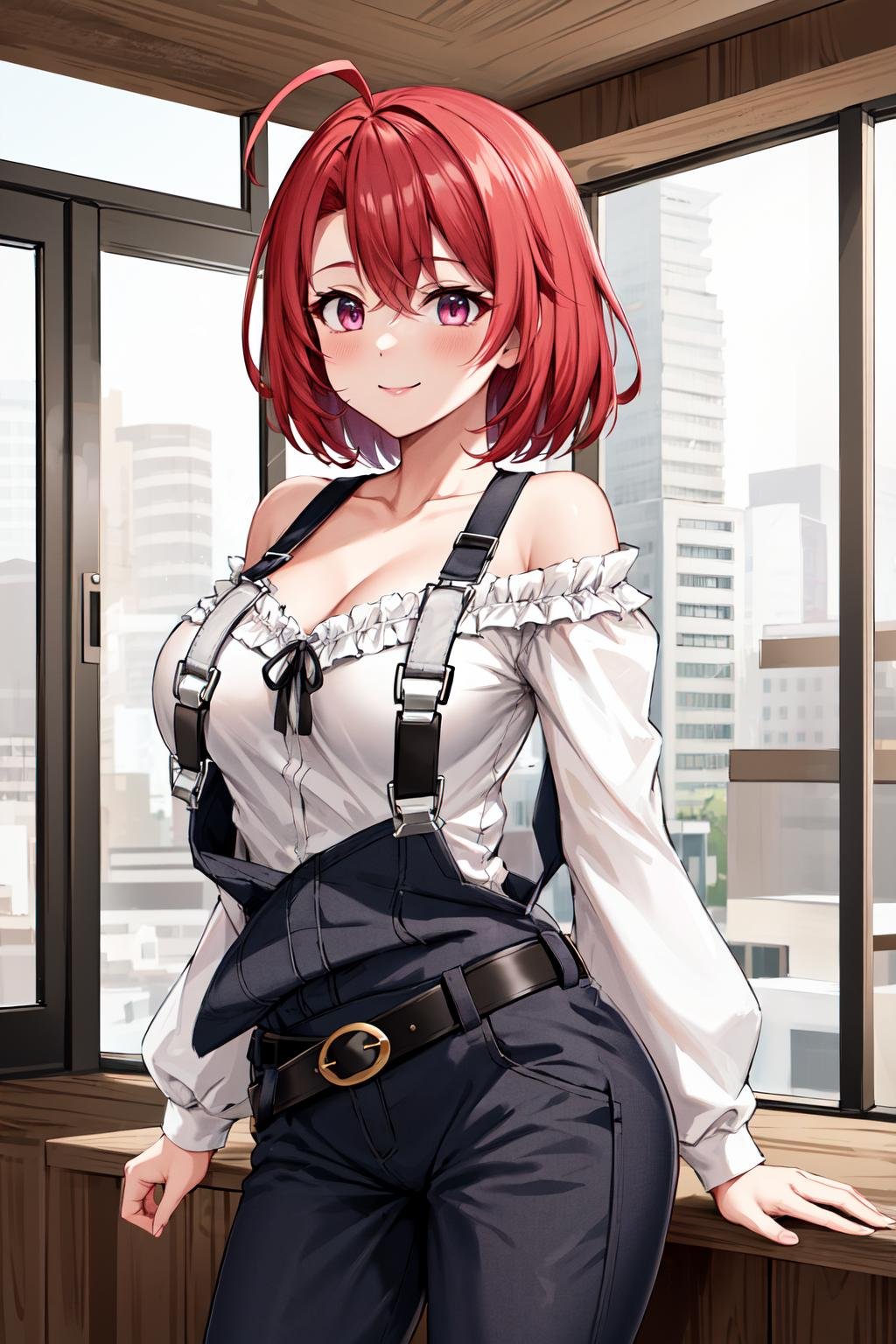 masterpiece, best quality, highres, gscg, ahoge, overalls, white shirt, collarbone, off shoulder, long sleeves, belt, long pants, large breasts, <lora:cow_girl_v1:0.8>, cowboy shot, standing, smile, 