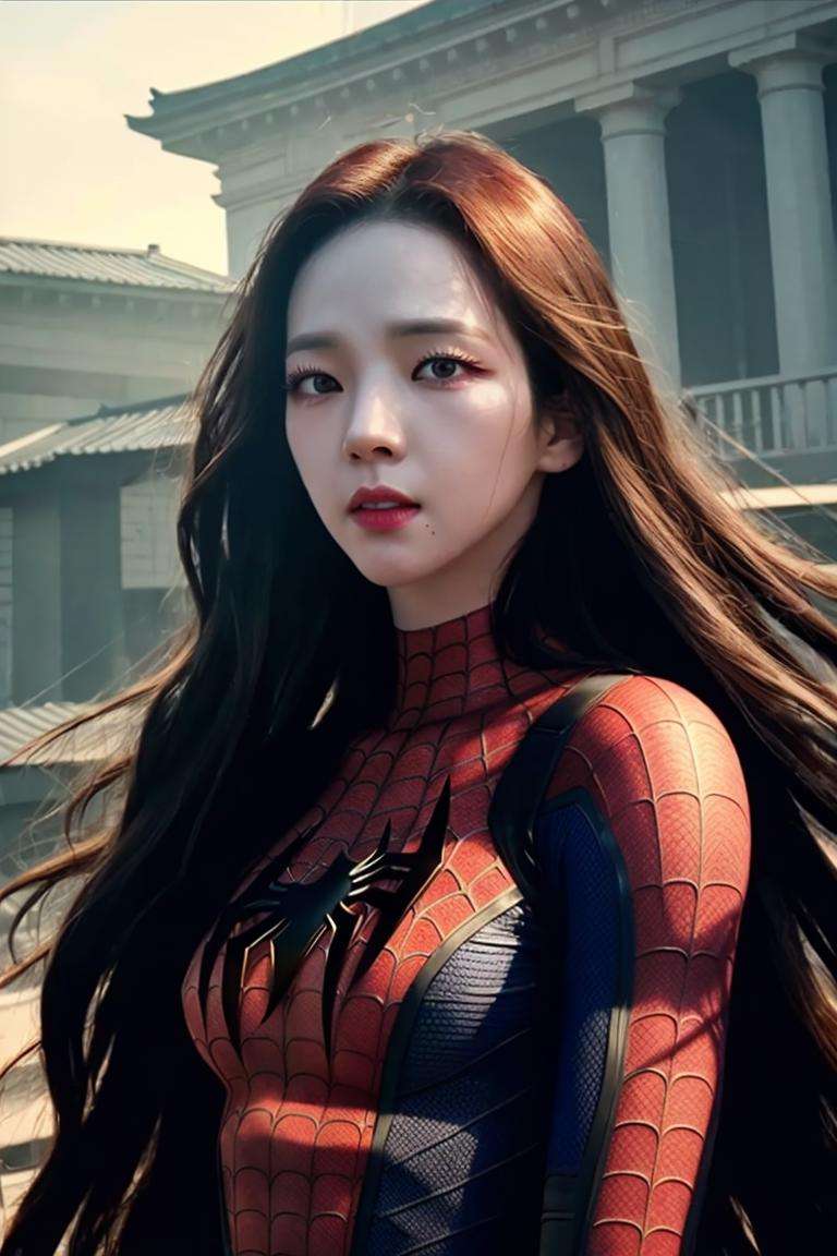 aespakarina as a spiderman, rendering, on top of building, ultra detailed, hyper realistic detail shiny skin, beautiful detailed stunning deep eyes, dramatic lighting, epic, shot on SONY A7 IV, <lora:aespakarina-v5:1>