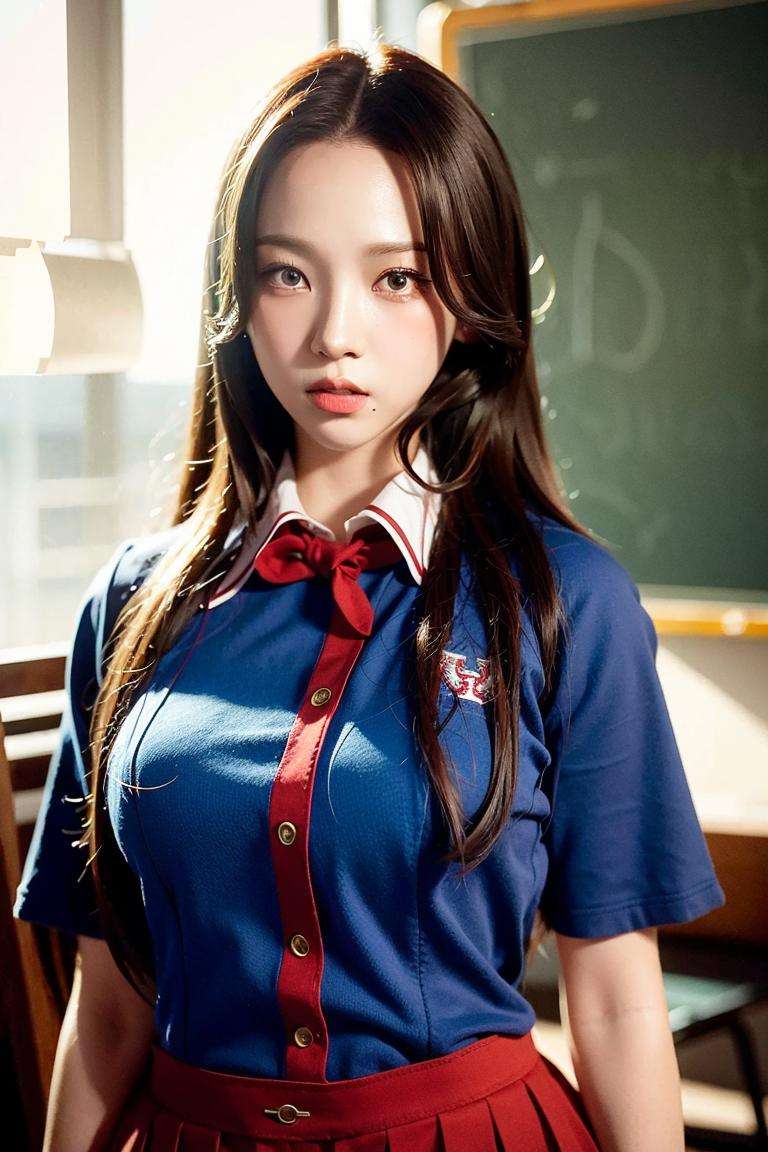 aespakarina, on school, RAW,(8k, best quality, masterpiece:1.2),(intricate details:1.4),(photorealistic:1.4),octane render, complex 3d render ultra detailed, studio soft light, rim light, vibrant details, ultra detailed, realistic skin texture, detailed face, beautiful detailed eyes, extremely detailed CG unity 8k wallpaper, makeup, (full body),(perfect anatomy),(wide hip:1.3),(school red uniform:1.5), <lora:aespakarina-v5:1>