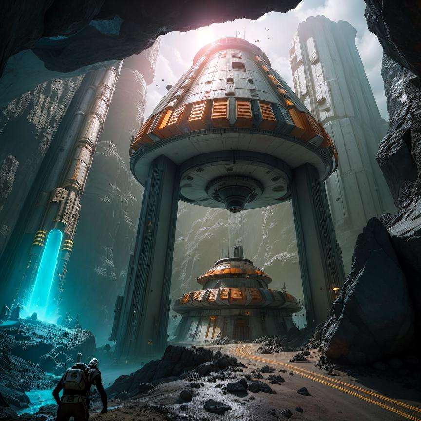 Create a piece of art that captures the intense,  high-tech atmosphere of an expansive underground asteroid mining base in...