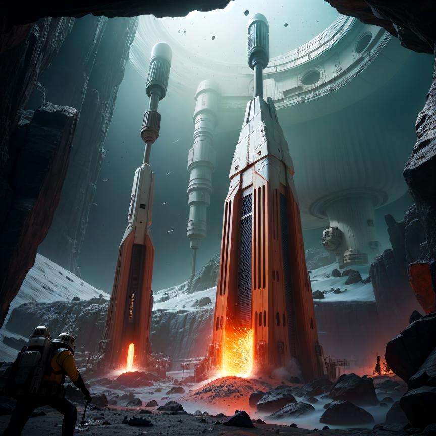 Create a piece of art that captures the dynamic,  high-tech atmosphere of an underground asteroid mining base in the Star...
