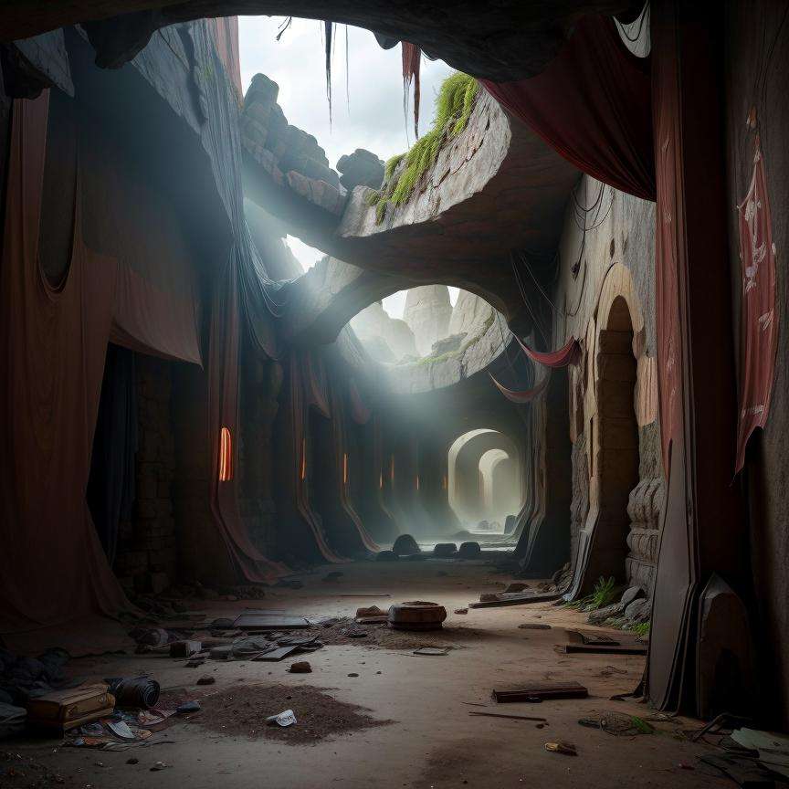 Create a piece of art that captures the haunting,  eerie atmosphere of a ruined Sith temple in the Star Wars universe. Ima...