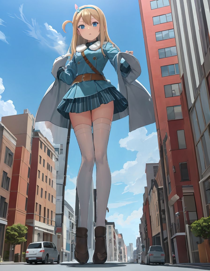 (extremely detailed CG unity 8k wallpaper),(masterpiece), (best quality), (ultra-detailed), (best illustration),(best shadow), (sharp eyeliner, eyeshadow, detailed eyes:1.2), (giantess, city, buildings,:1.2), (looming, looking down on viewer:1.4),BREAK(Suomi:1.2),( full body,:1.2) arms at side, standing, walking down street, from below, leaning over<lora:GTSv4:1> <lora:(p)Suomi:1>