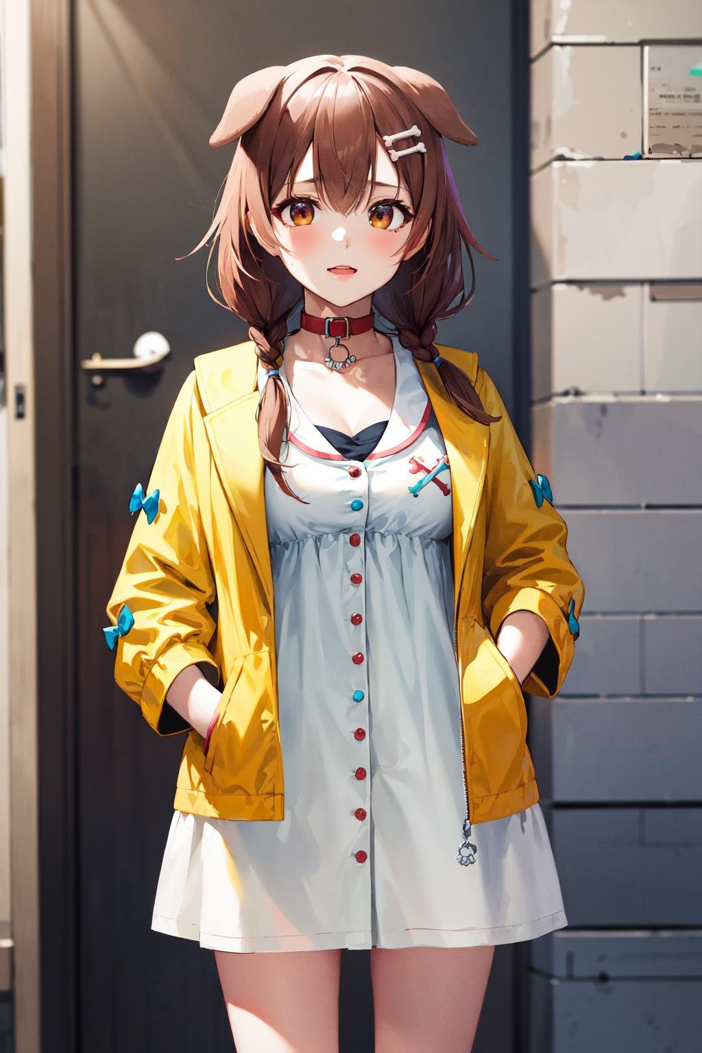 masterpiece, best quality, highres, ik1, 1girl, white dress, yellow jacket, dog tail, animal collar, cleavage, medium breasts, wristband, cartoon bone, hairclip, <lora:inugami_korone_v1:0.7>, hand in pocket, street, 