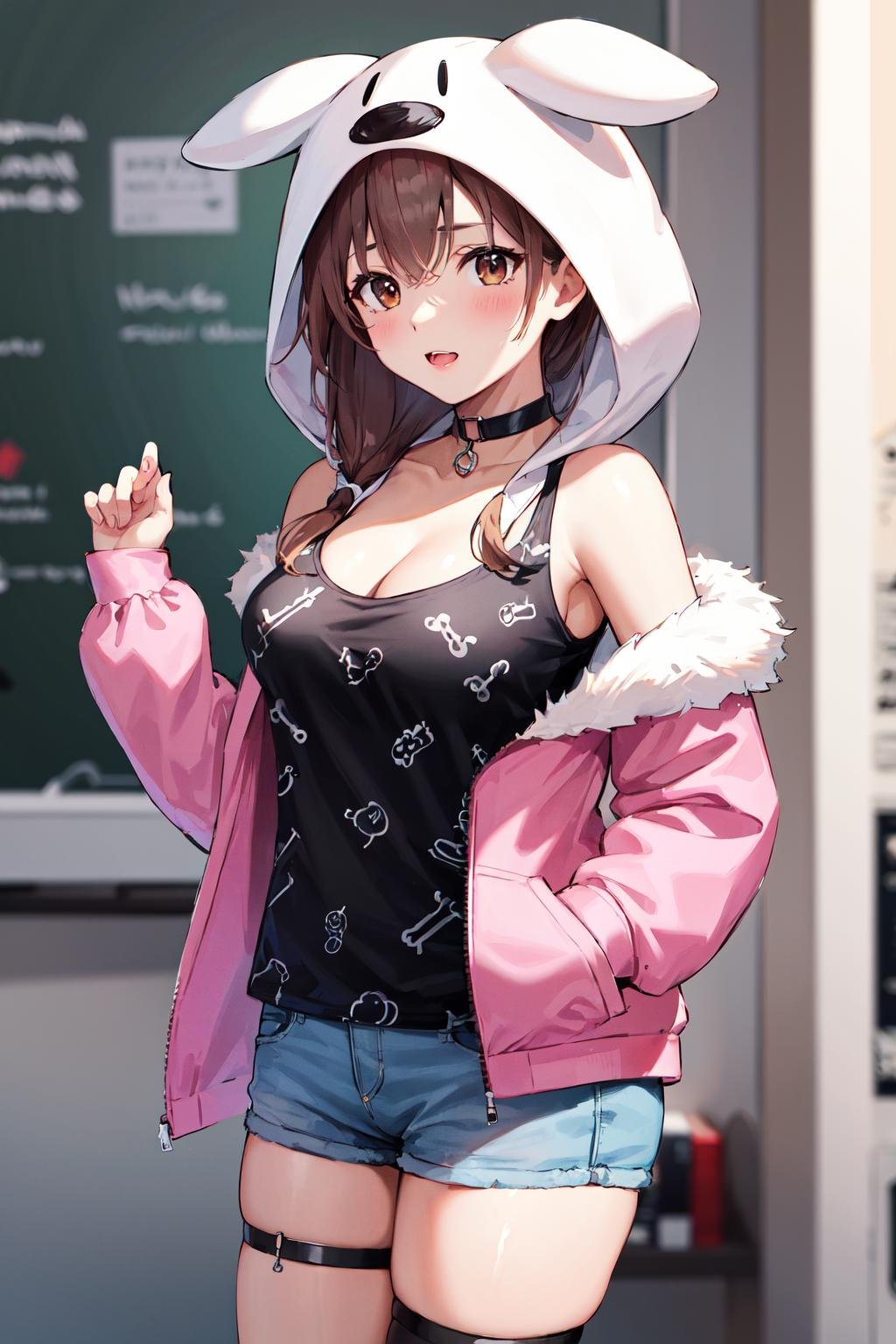 masterpiece, best quality, highres, ik3, brown hair,  black shirt, animal hood, cleavage, pink jacket, blue shorts, black choker, short shorts, medium breasts, thigh strap, print shirt, <lora:inugami_korone_v1:0.7>, cowboy shot,