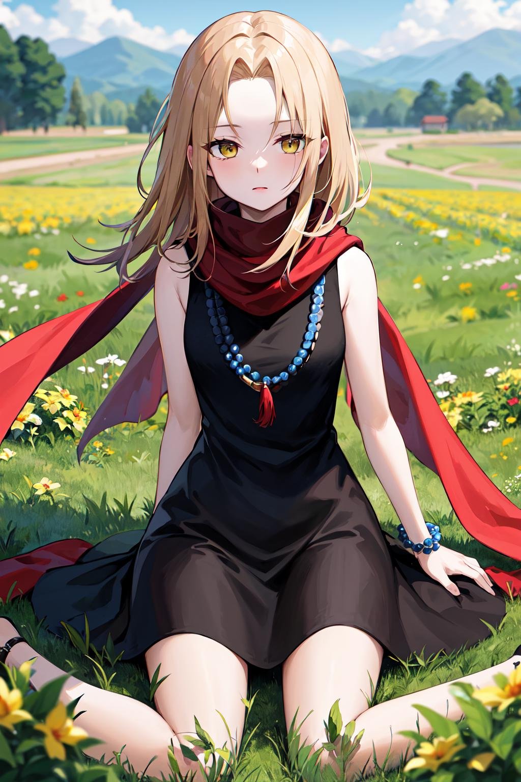 masterpiece, best quality, highres, kaa, yellow eyes, black dress, bead necklace, sleeveless, bracelet, red scarf, <lora:kyouyama_anna_v1:0.7>, field, wariza