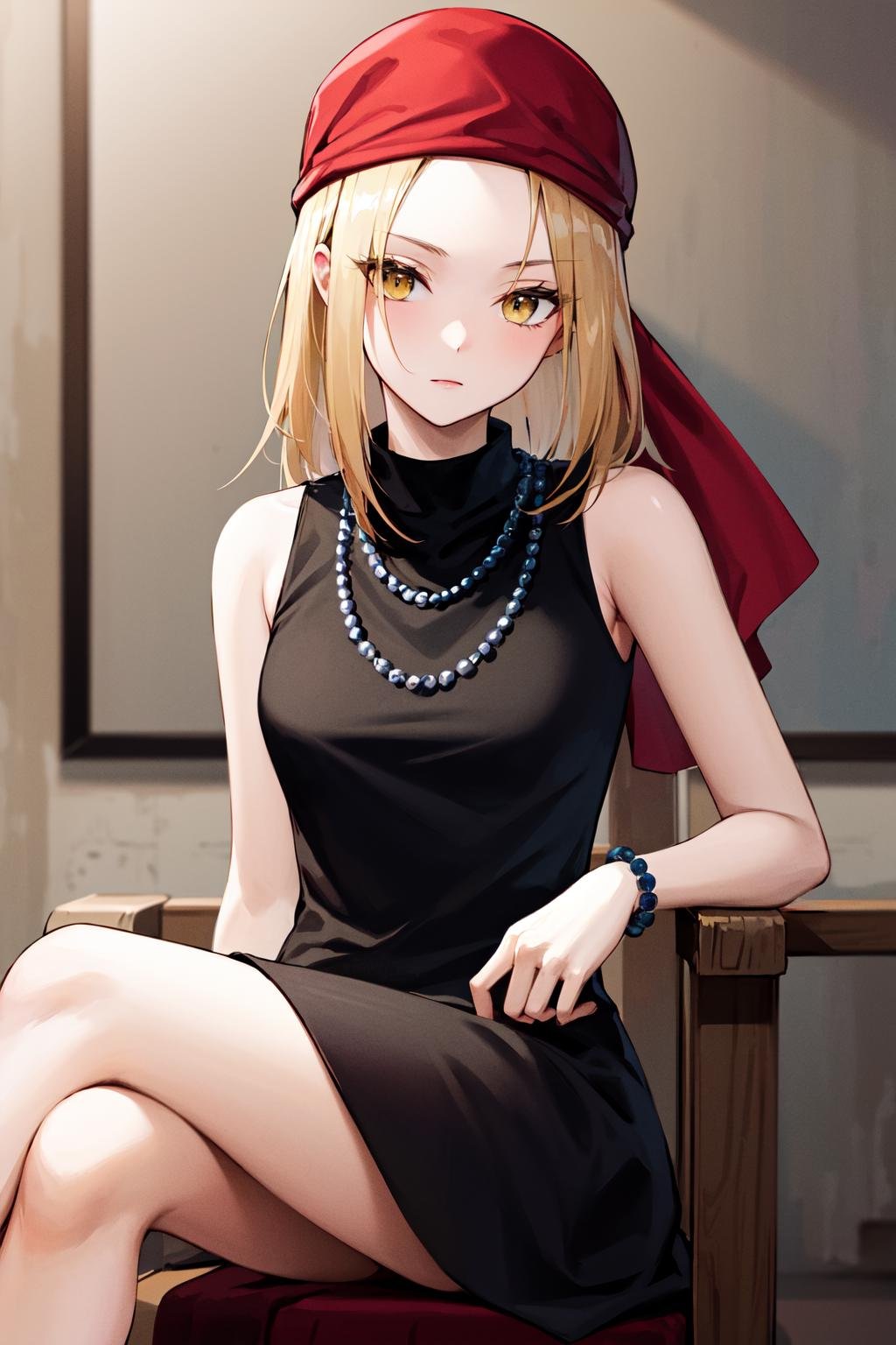 masterpiece, best quality, highres, kaa, yellow eyes, black dress, bead necklace, sleeveless, bracelet, bandana, <lora:kyouyama_anna_v1:0.7>, crossed legs,